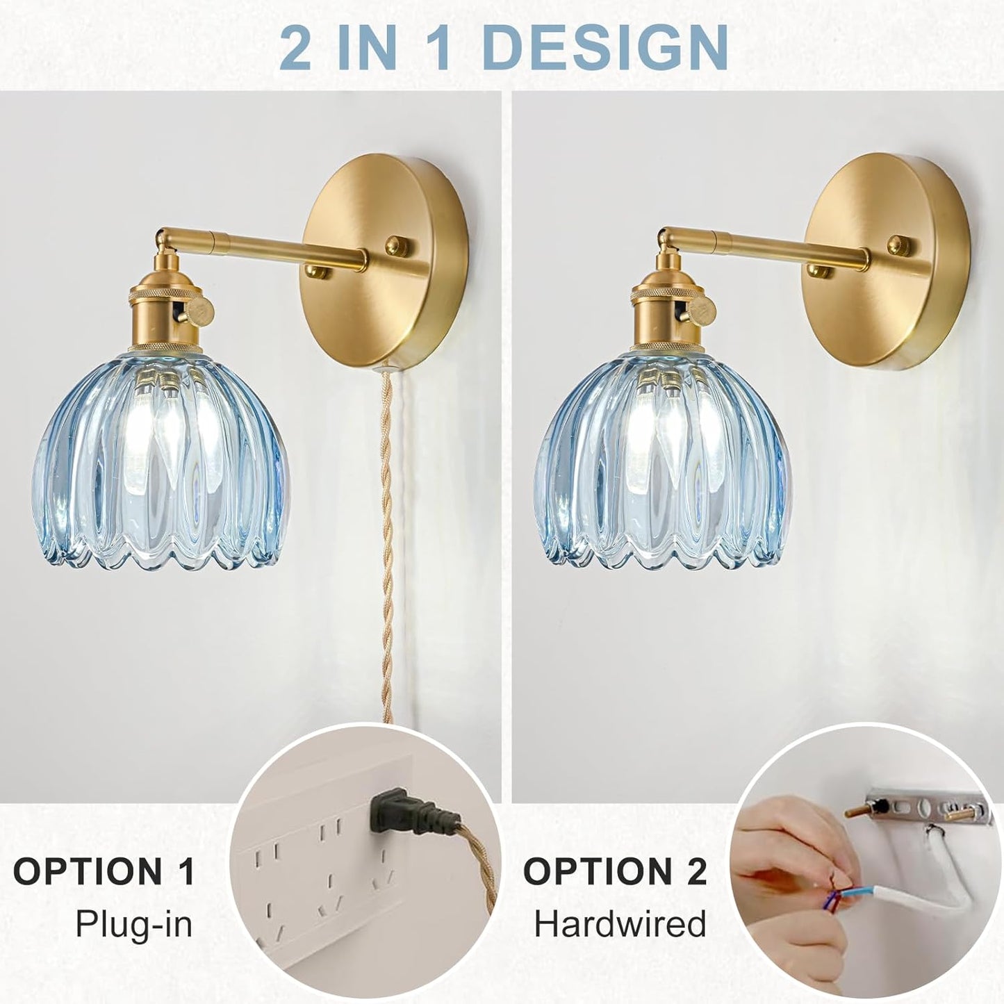 Plug in Wall Sconce, Vintage Sconce Light with Tulip Denim Blue Glass Lampshade, Bedside Wall Sconce with Switch and Plug in Wall Lamp Cord, Gold Wall Light for Bedroom