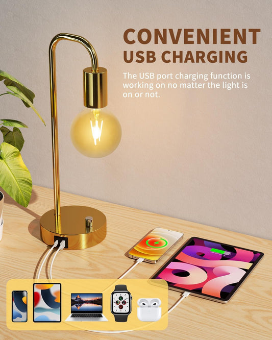 ONEWISH Industrial Table Lamp with 2 USB Port, Stepless Dimmable Nightstand Bedside Lamps for Bedroom,Desk Lamps with 2700K Gold Gradient Bulb for Reading Living Room