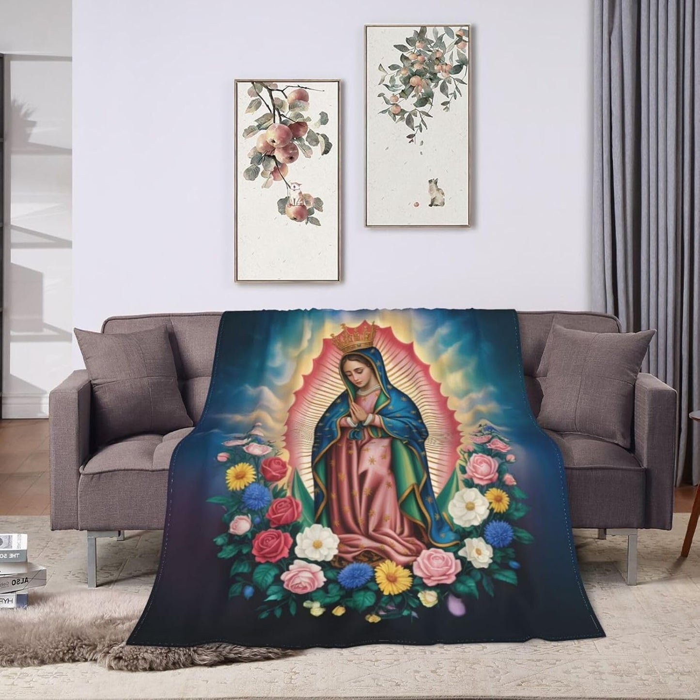 Our Lady of Guadalupe Throw Blanket, Religious Art Floral Design, Soft Cozy for Couch Bed - 60"x50"