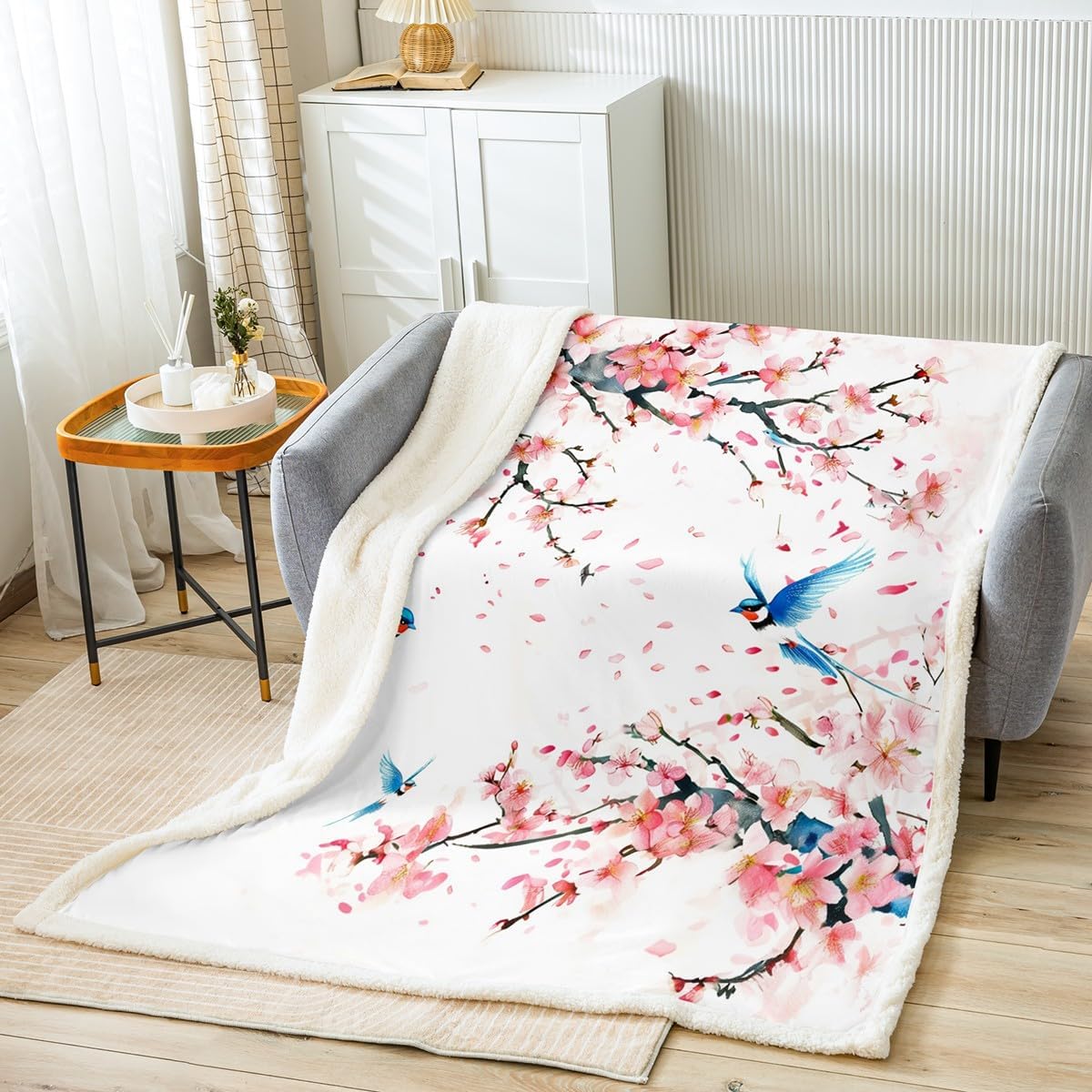 Blue Bird Bed Blanket Peach Blossom Throw Blanket Lightweight Soft Cozy Luxury Pink Flowers Fleece Blanket Cartoon Birds Flannel Blanket for Sofa Bedroom Office Travel All Season(Twin 60"x80")