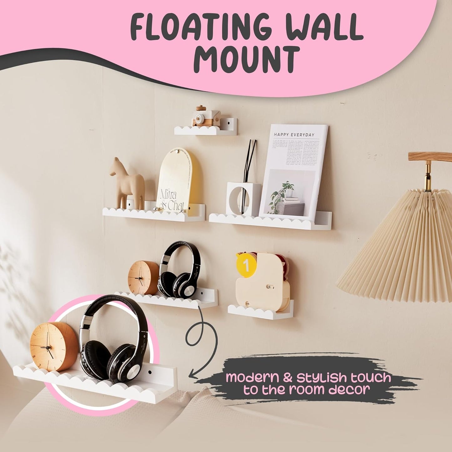 Nursery Book Shelves, 5-Pack Wood Floating Book Shelves for Wall,16.5 Inch Scalloped Wall Shelves, Kids Bookshelf for Bedroom,Bathroom,Kitchen,Kids, Toddler Room, Toy and Nursery Decor Storage(White)