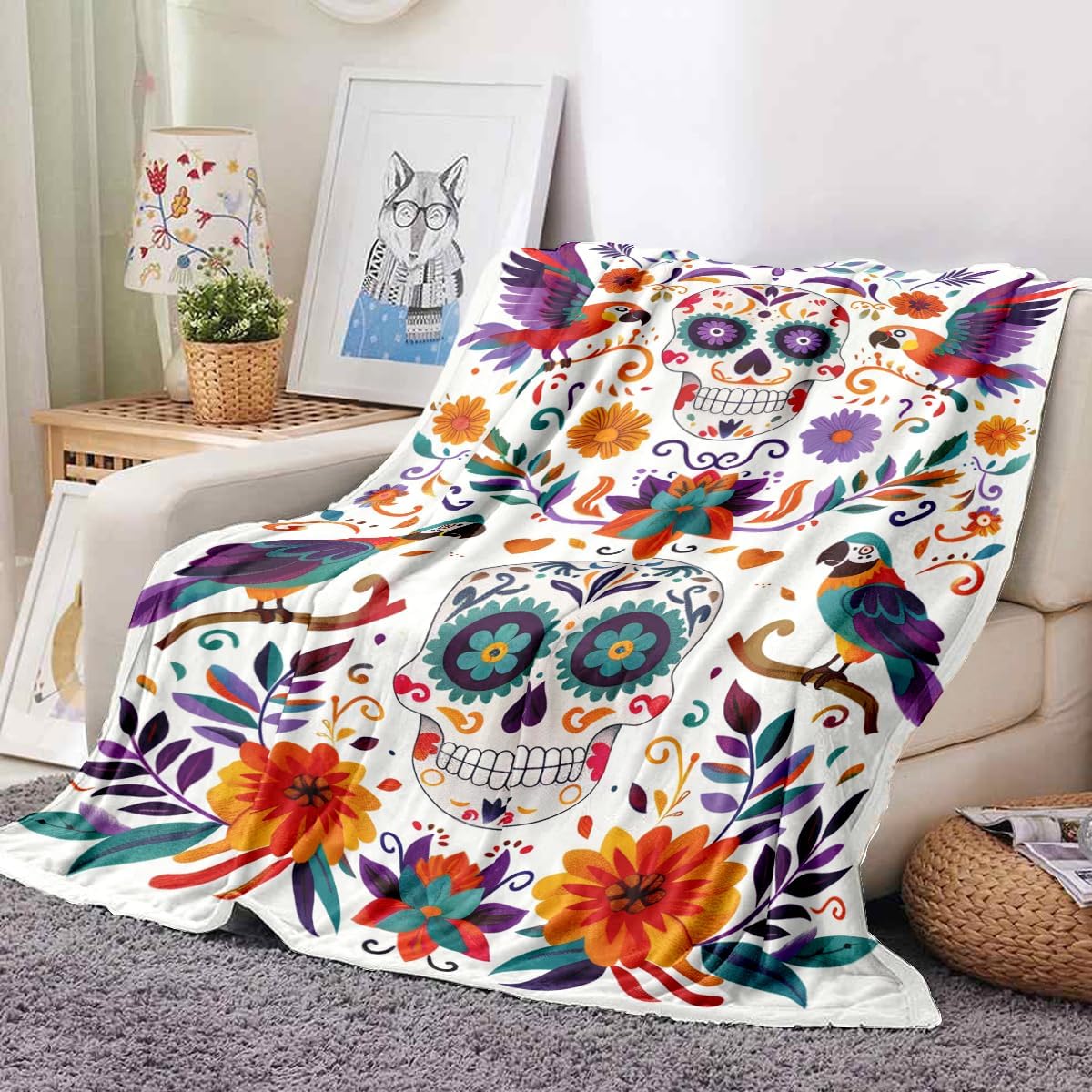 Sugar Skull Fleece Blanket, Day of The Dead Design with Parrots and Flowers, Colorful Mexican Folk Art Theme, Halloween Blankets Fuzzy Gifts for Sofa Couch Bedroom (60 x 80 inch)