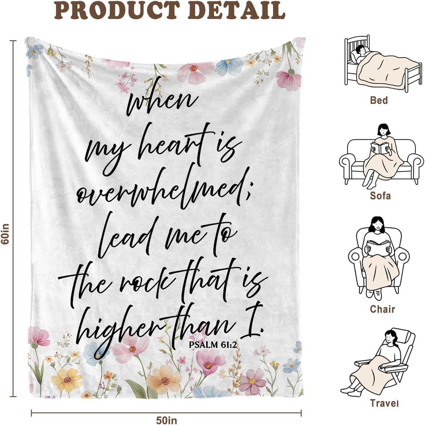Floral Christian Throw Blanket, Christian Gifts for Women Faith, Religious Psalm 61:2 Floral Bible Verse Blanket for Home Bedroom Living Room Couch Bed Sofa Decoration, 50x60 Inches