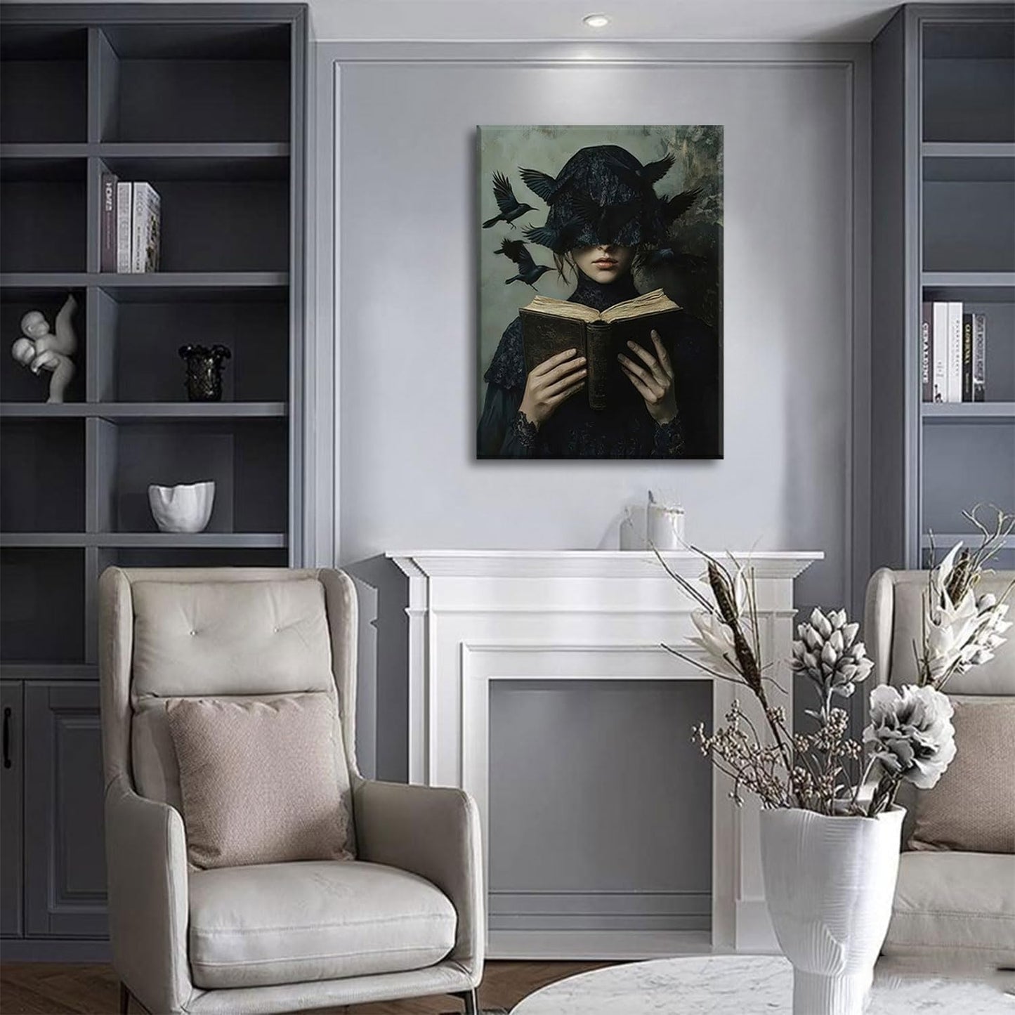 Dark Academia Canvas Wall Art Gothic Victorian Woman Reading Book Wall Decor Picture Moody Dark Crow Aesthetic Poster Print for Gallery Living Room Bedroom Home Decoration 12x16in