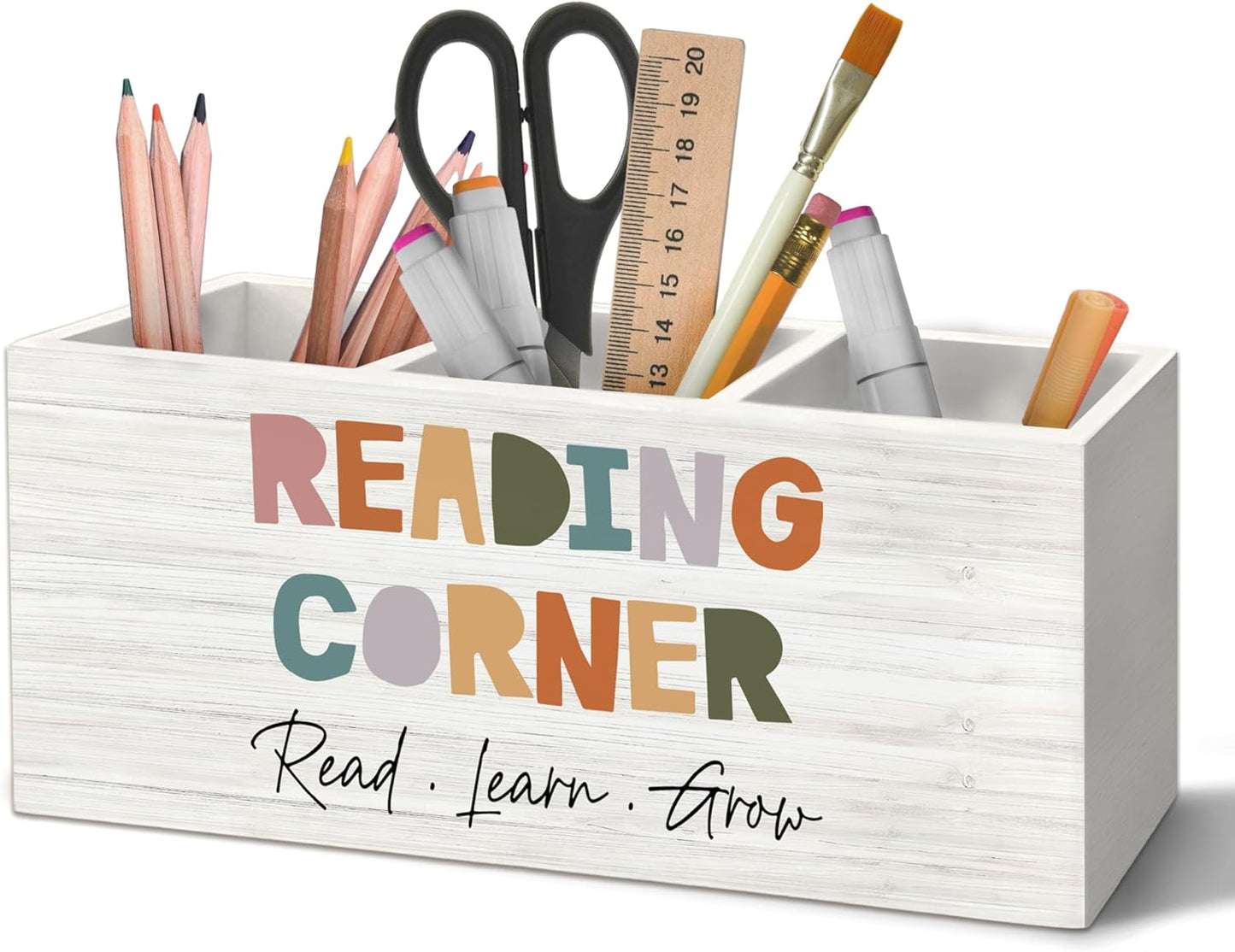 Boho Reading Corner Pen Holder Organizer for Desk Accessories, Boho Classroom Reading Wooden Box Desk Decorations for School Kids Room Bedroom Decor, Book Lovers Reader Bookish Gifts
