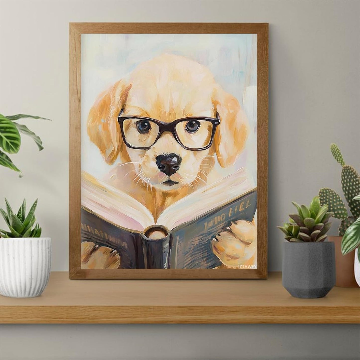 IZTAWEY Cute Dog Reading Book Retro Rustic Poster Canvas Wall Art Retro Artwork Aesthetic Home Decor Picture Print for Living Room Bathroom Bedroom Wall Art Decor No Frame 12x16inch