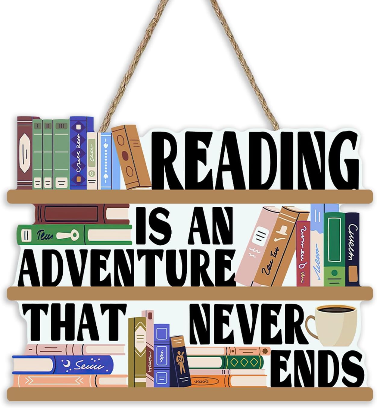 Reading is an Adventure That Never End Front Door Sign, Inspirational Reading Corner Wooden Hanger School Classroom Library Home Decor, Wreath Indoor Wall Hanging Decoration Book Lovers Gift