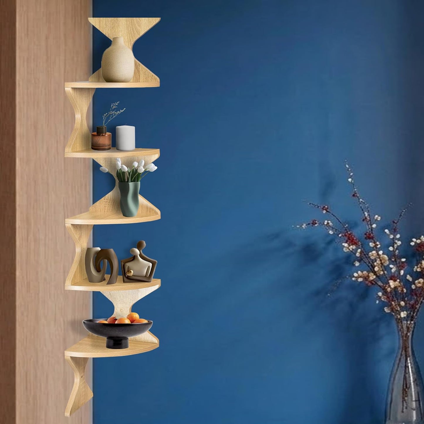 Zigzag Corner Shelf, Wood Corner Wall Shelf, 5 Tier Floating Corner Shelves for Small Space Storage, Corner Bookcase for Living Room, Home Office, Bedroom, (Natural, 5 Tier)