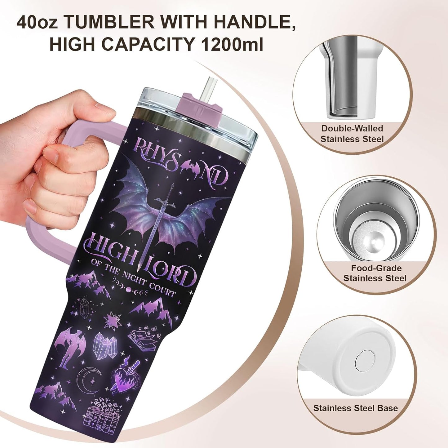 Fantasy Tumbler 40oz With Handle And Straw, Insulated Stainless Steel Bookish Travel Cup, Dark Romance Reading Water Bottle, Birthday Gift For Her Women