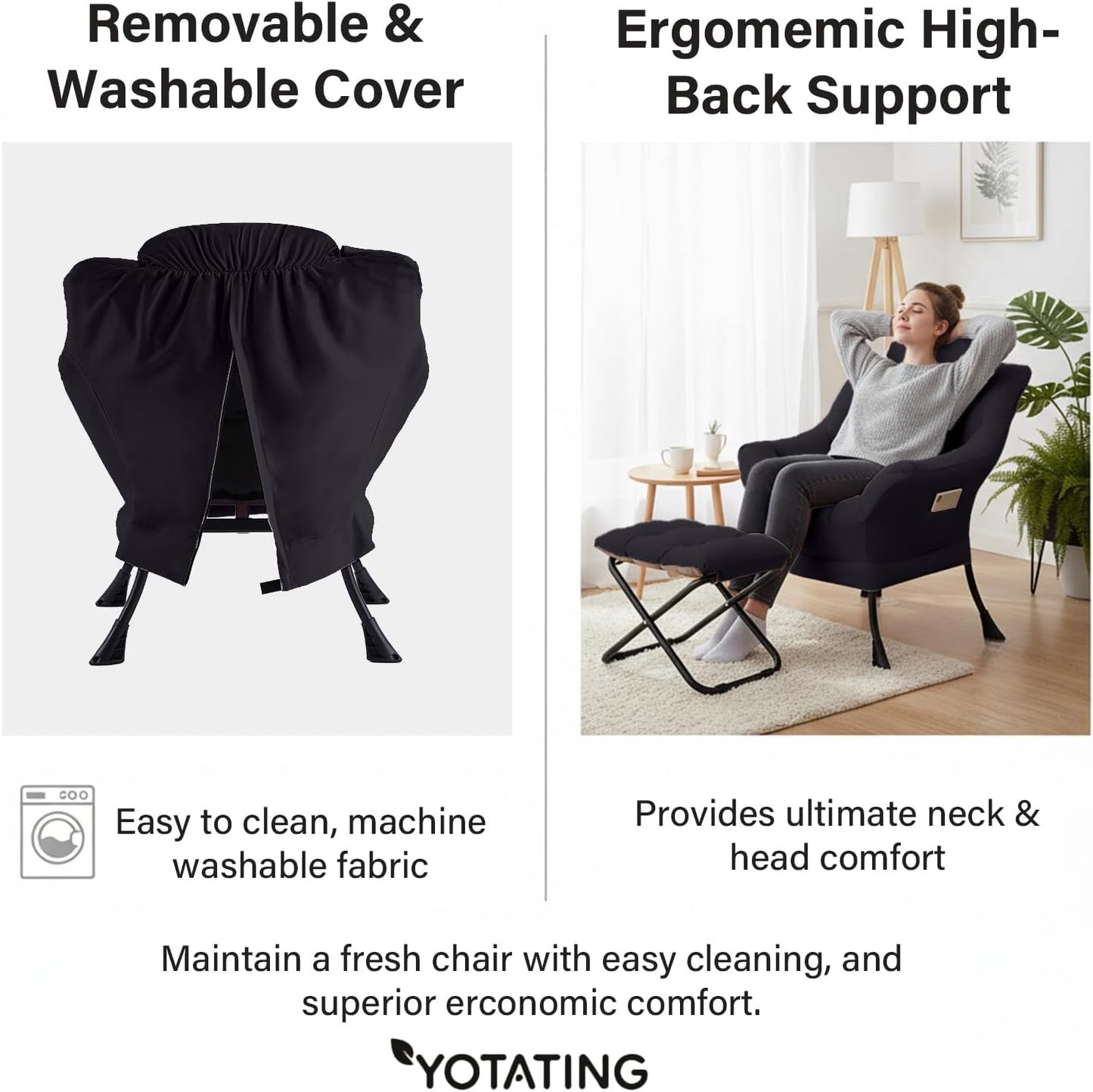 Lazy Chair with Ottoman, Modern Accent Leisure Sofa Chair with Footrest Stool & Throw Pillow, Modern Lounge Chair with Armrests for Living Room, Black