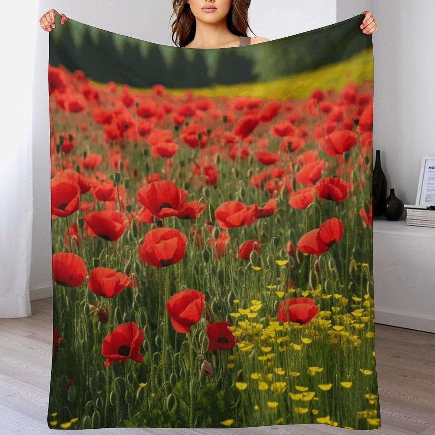 Red Poppy Field Farm Meadow Landscape Throw Blanket for Couch Super Soft Warm Lightweight Throw Blankets Cozy Flannel Bed Blanket Cute Decorative Blankets for All Seasons Home Decor Gift 30"*40"（76*10