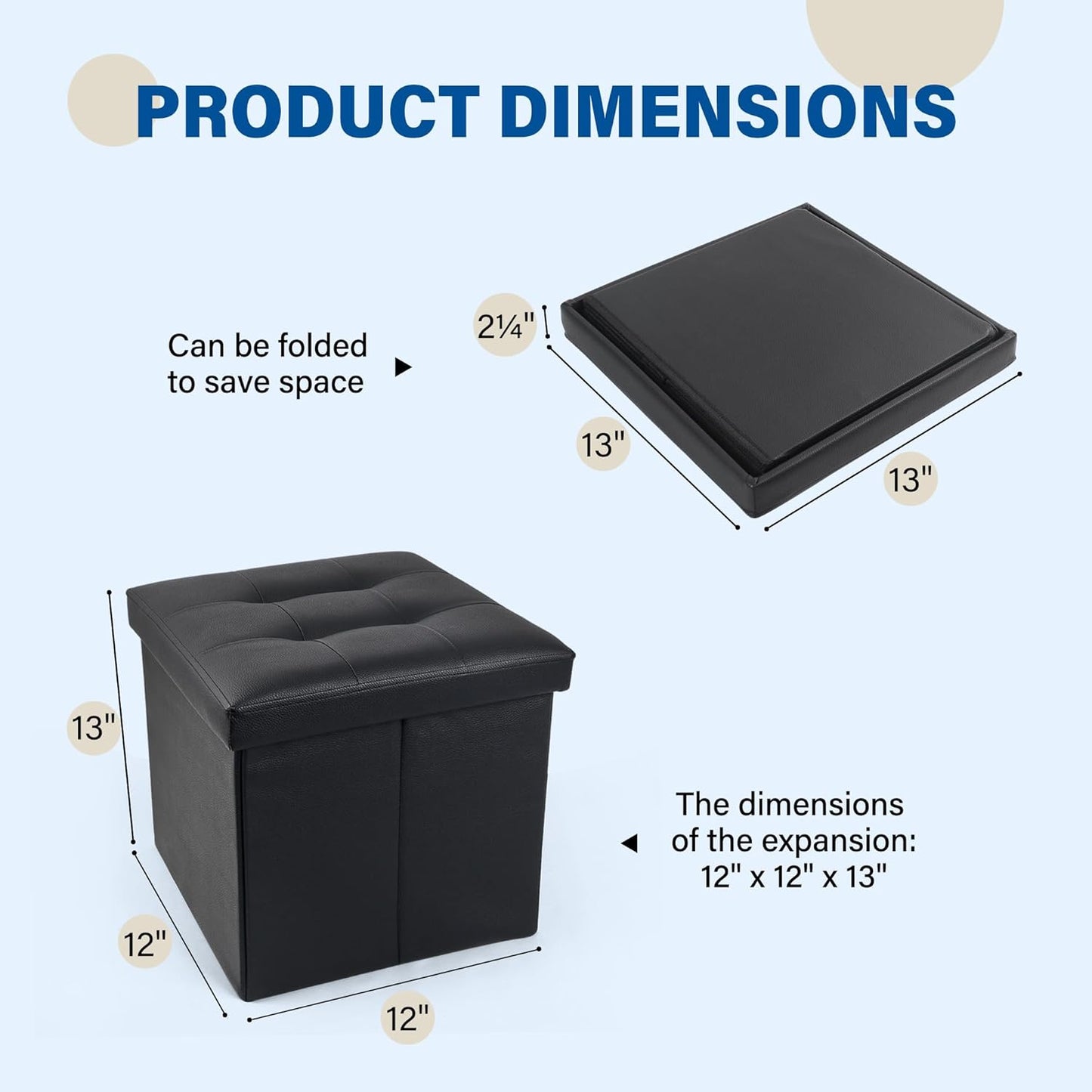 LotFancy Storage Ottoman, 2 Pack, Foldable Foot Rest Stool, 13x12x12 Inches Small Leather Bench with Storage, Holds up to 260 lb, for Living Room, Bedroom, Dorm, Black