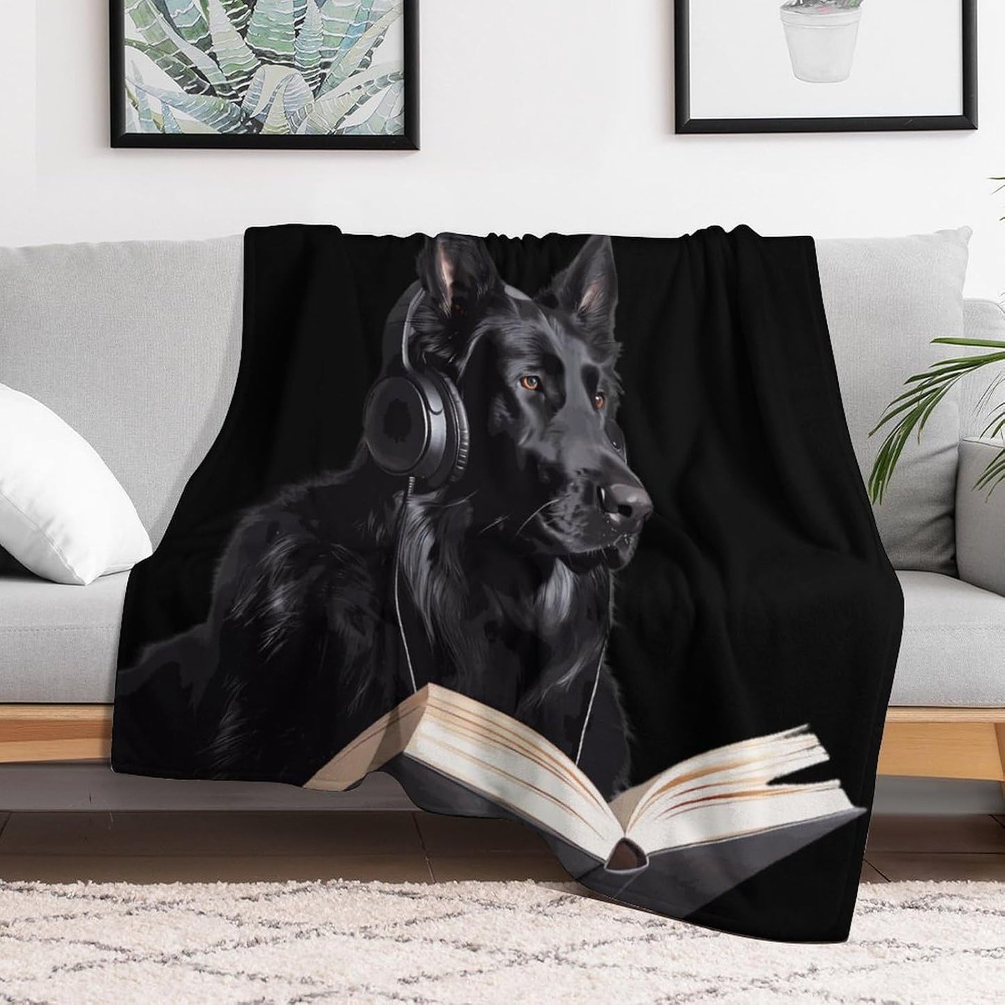 German Shepherd Wearing Headphones Reading Soft Throw Blanket Flannel Warm Lightweight Cozy Plush Blanket for Couch Sofa Bedroom Travel