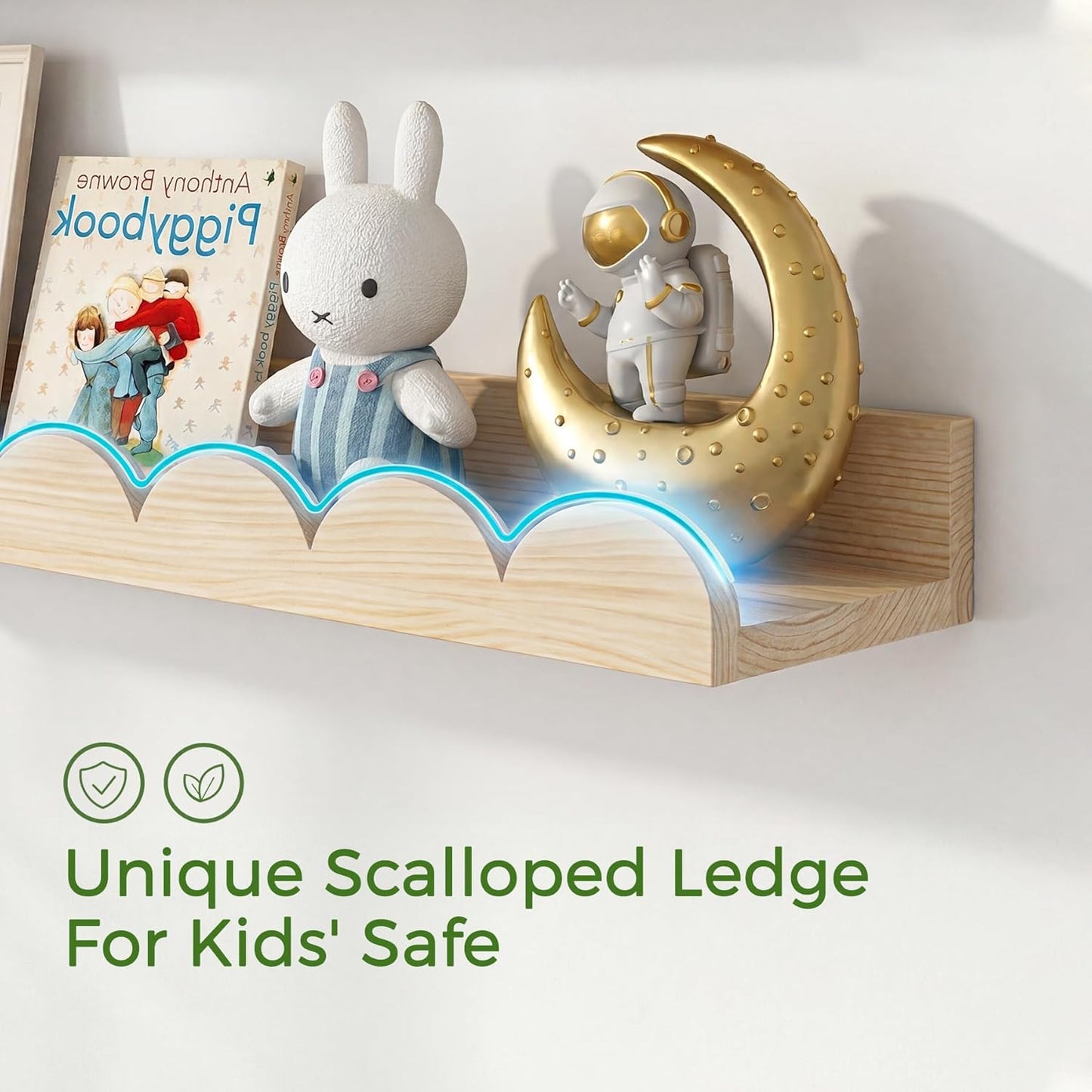 24 Inch Nursery Book Shelves with Hooks, 4-Pack Floating Shelves for Wall, Scalloped Shelves, Wall Book Shelves for Kids Room, Toddler Room, Baby Room, Nursery Decor