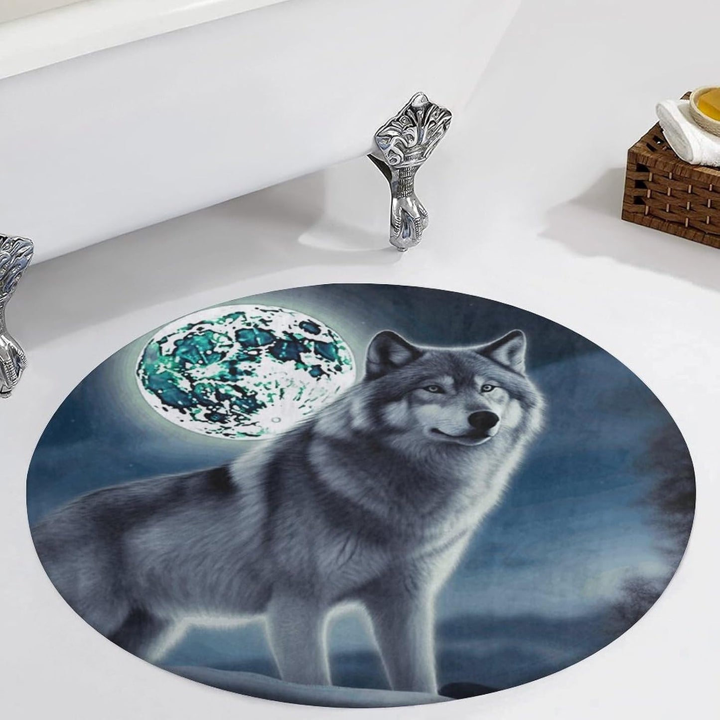 Wolf Under Moon Circle Rug Retro Luxury Coral Velvet Floor Mat Non Slip Soft Indoor Floor Carpet Comfy Thickened Area Rugs Modern Aesthetic Minimalist Carpets for Home Decor
