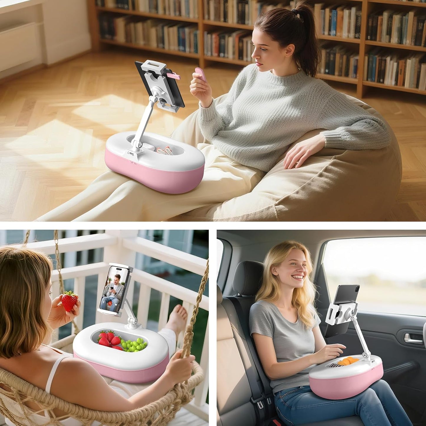 Beanbag Tablet Stand Raises Screen Height, Hands Free Reading Holder, Featuring Snack Bowl and Detachable Base for Cozy Reading in Bed or Couch, Compatible for Kindle, iPad, eBook,Pink