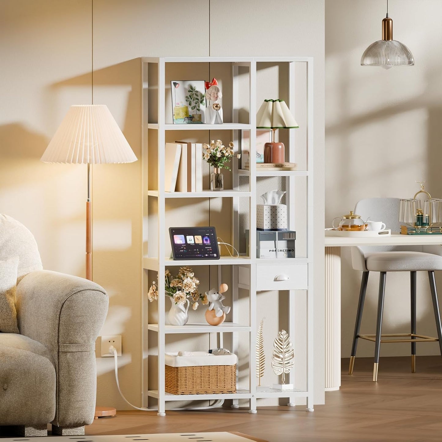 Furologee 6 Tier Bookshelf with USB Ports and Power Outlet, Book Shelf with Charging Station, Bookcase with Drawer, Storage Shelves for Bedroom,Home Office, Living Room, Bathroom, White