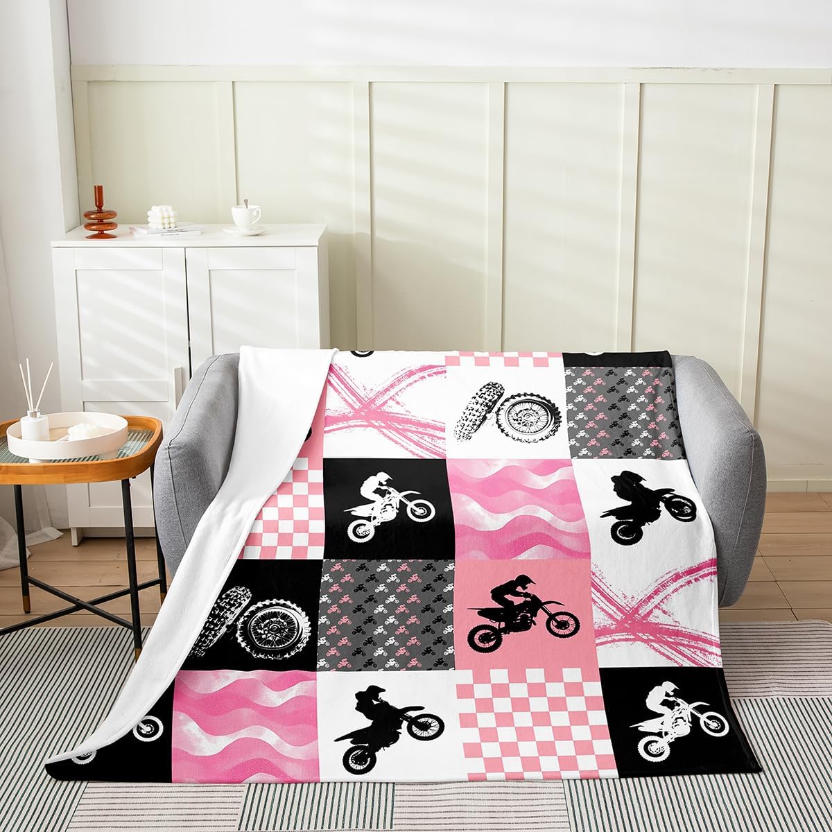 Erosebridal Dirt Bike Blanket Lightweight,Grunge Bike Track Patchwork Throw Blanket Bedroom Decor,Youth Motocross Fleece Flannel Ultra Warm,Gift for Girls,Pink White Grid Soft Soft,Throw