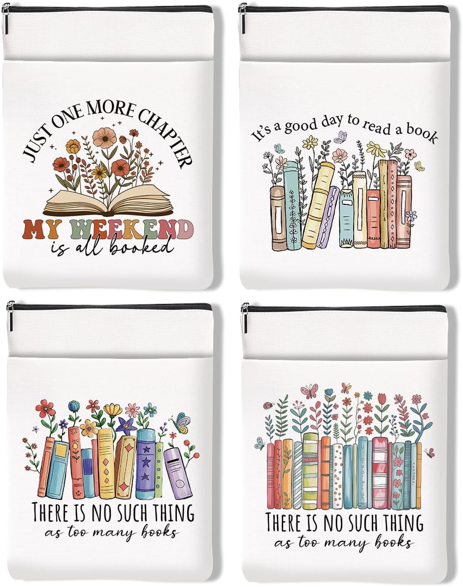 Book Lovers Gifts，Bookish Gifts Book Sleeve Books 4Pcs Pouch Protector with Zipper, Reading Accessories, Birthday Friendship Appreciation Gift for Women Bookworm Reader Friend Teacher Librarian