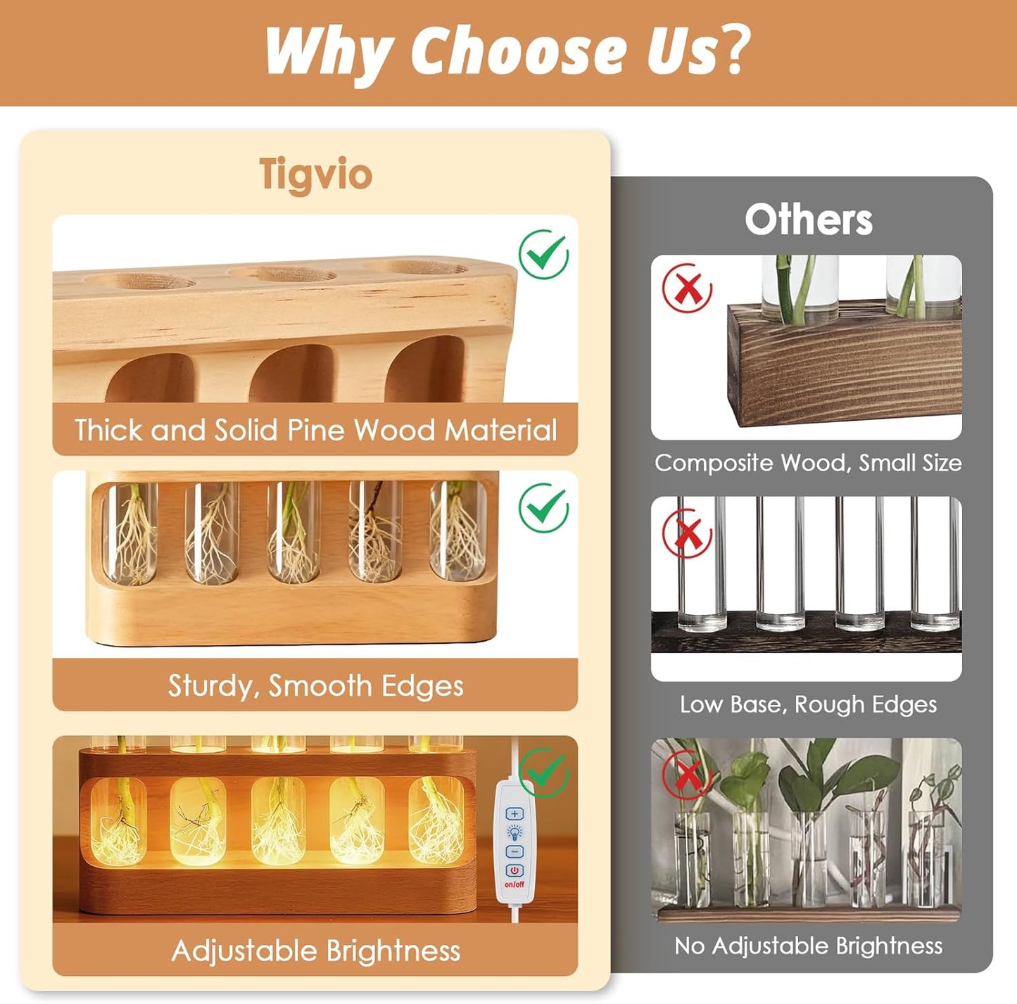 Plant Propagation Station with 9-Level Dimmable LED Light, 5 Glass Test Tube Vases, Wooden Stand for Hydroponic Plants, Gardening Gift for Women & Plant Lovers, Desktop Terrarium & Home Decor