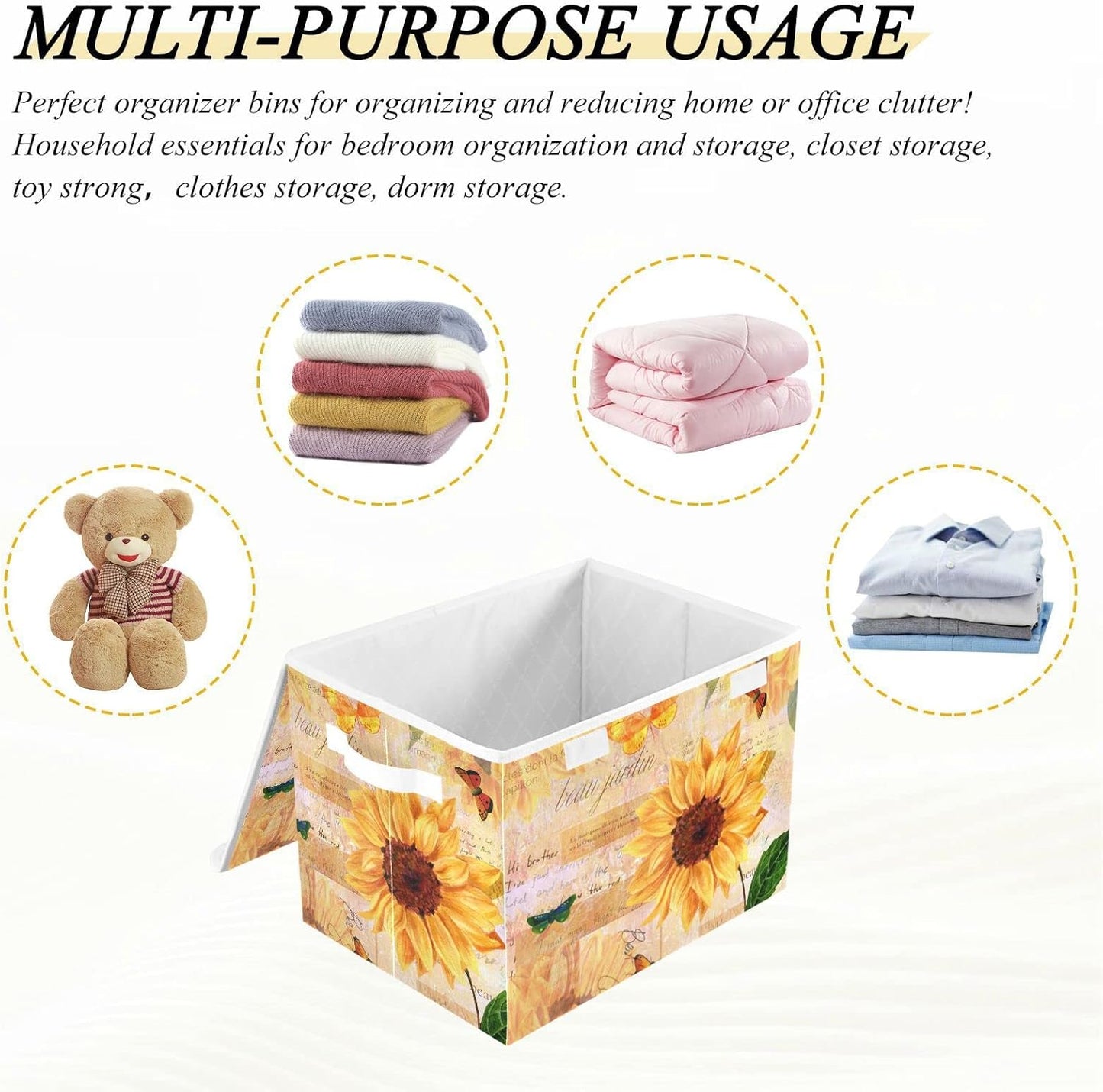SUABO Vintage Sunflower and Butterfly Storage Bin with Lid Large Oxford Cloth Storage Boxes Foldable Home Cube Baskets Closet Organizers for Nursery Bedroom Office