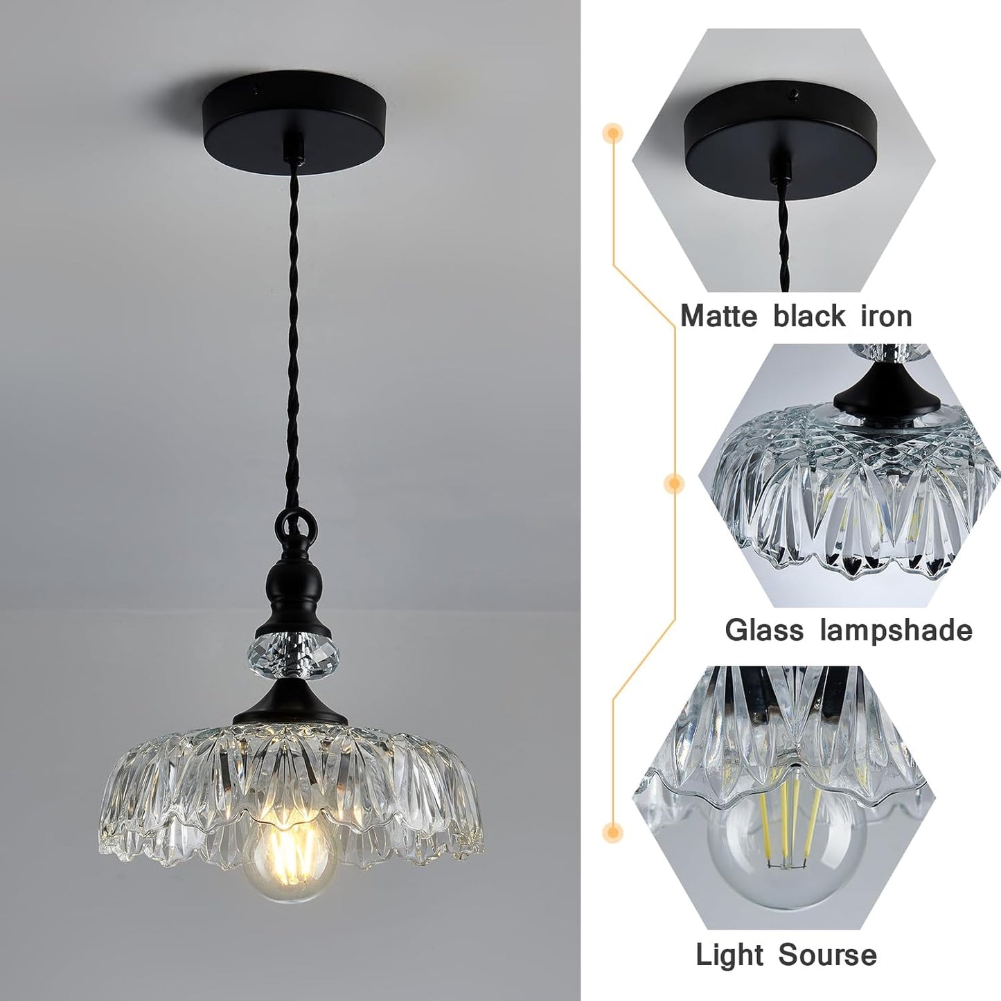 CVKASH Vintage Glass Pendant Light Fixture Black Modern Adjustable Chandelier Hanging Light for Farmhouse Dining Room Kitchen Bedroom Hallway Island
