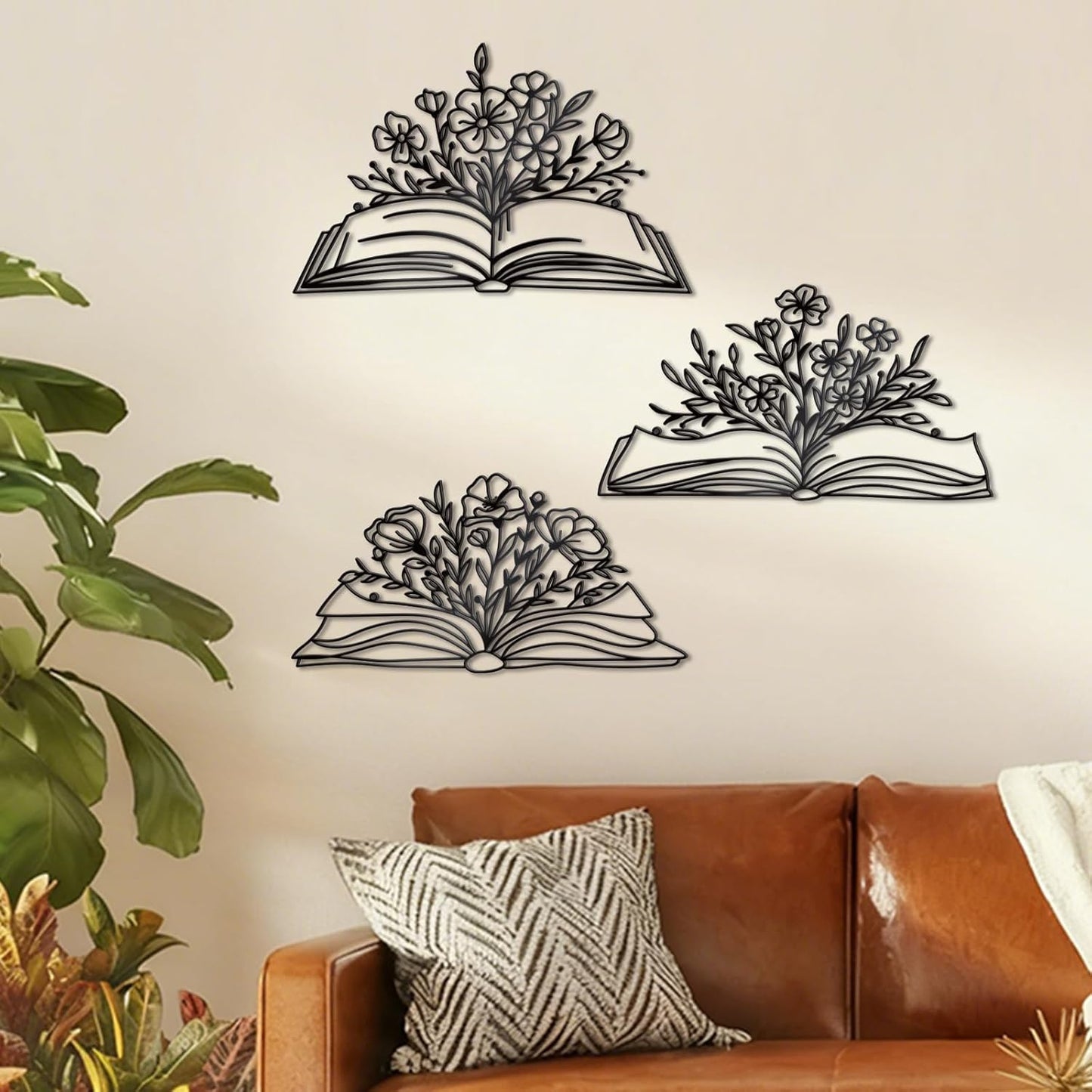 Zzbakress 3 Pcs Book Wall Decor Metal Flower Wall Art, Library Decor Hanging Sculpture, Reading Nook Silhouette Wall Hanging for Home Office Reading Room Teacher Gift (Elegant)