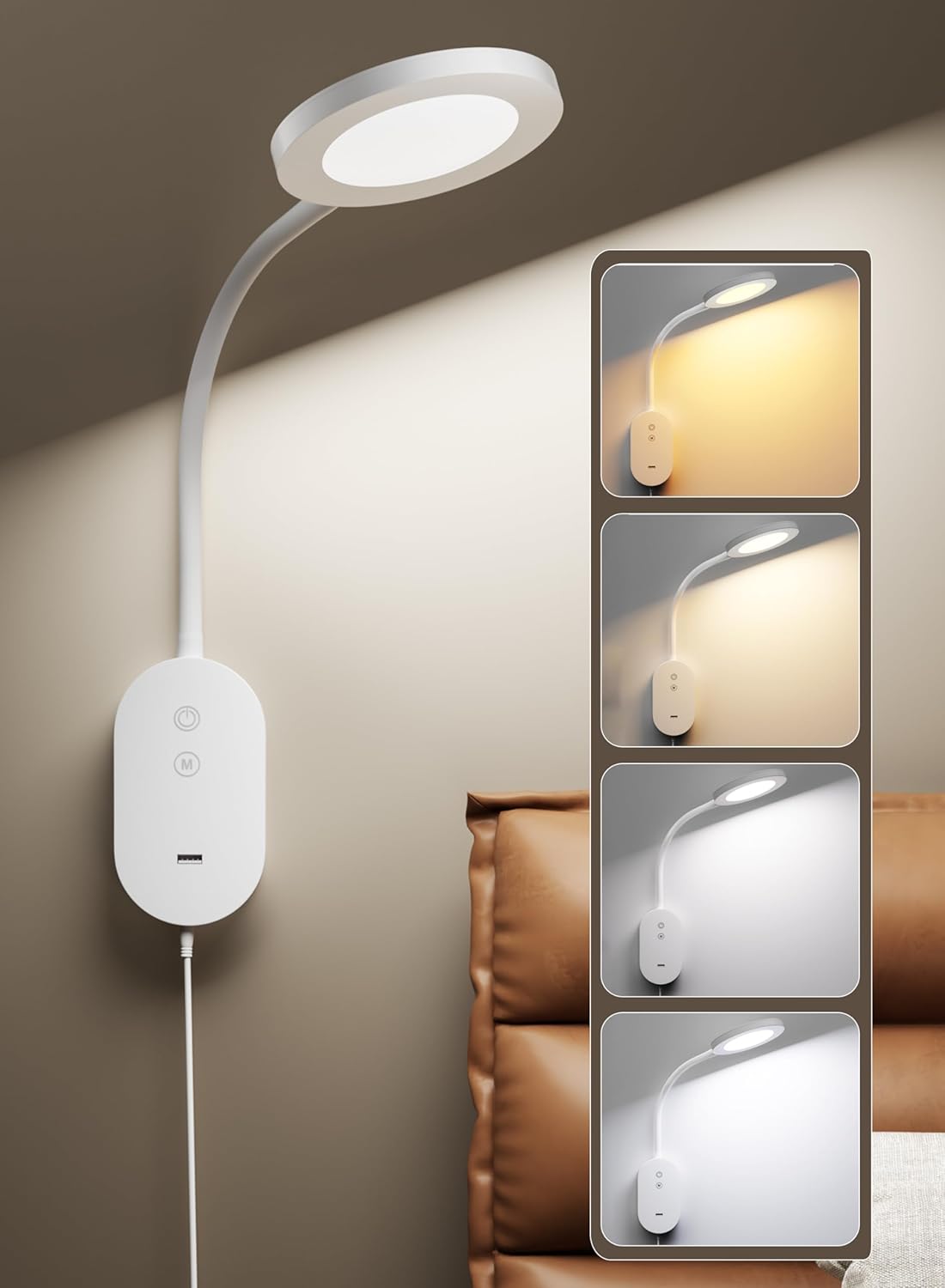 LED Wall Mounted Reading Light for Bed, Book Lights with CRI 95+ for Eye Care, Reading Lamps with 4 Color Modes 5 Dimmable, 10W USB Output Fast, Memory Function, 4 Hour Auto Off Bed Headboard Lamp