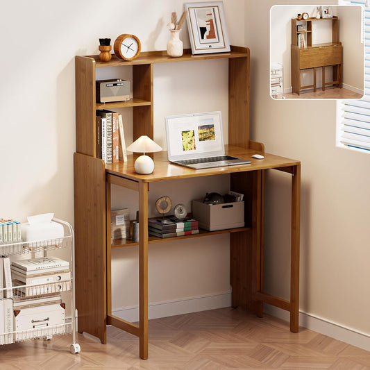 Bamboo Folding Desk for Small Spaces with Storage, Mid Century Foldable Desk with Bookshelf, Small Desks with Storage for Home Office Bedroom, Brown
