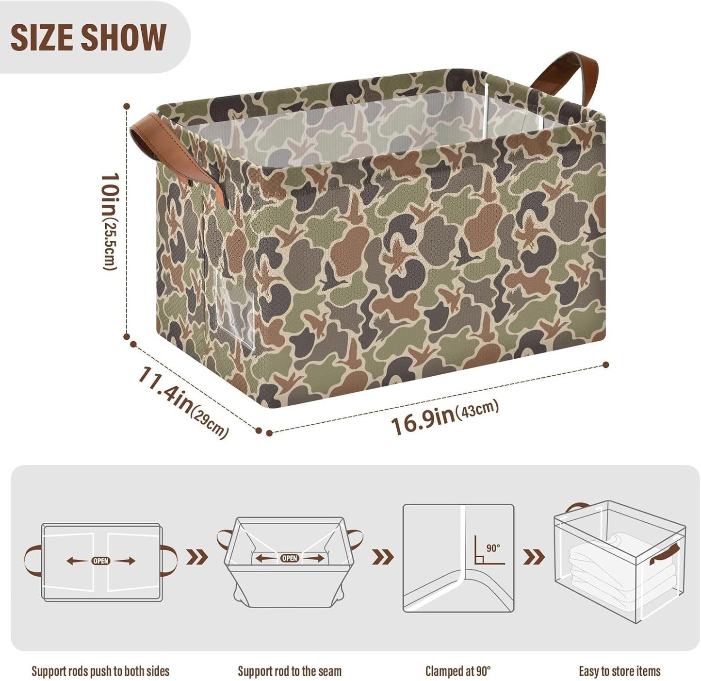 Duck Hunter Camouflage Storage Bins Hunting Camo Collapsible Storage Basket Box with Handles Organizer for Clothes Shelves Closet Cabinet Home Office, 1PC