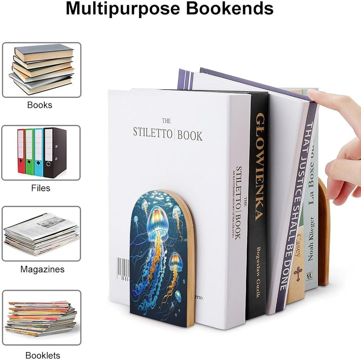 Color Jellyfish Bookends 1 Pair Heavy Duty Book Ends for Shelves Non-Skid Bookend Supports Wooden Book Holders with Metal Base Desk Organizers Books Storage to Hold Books