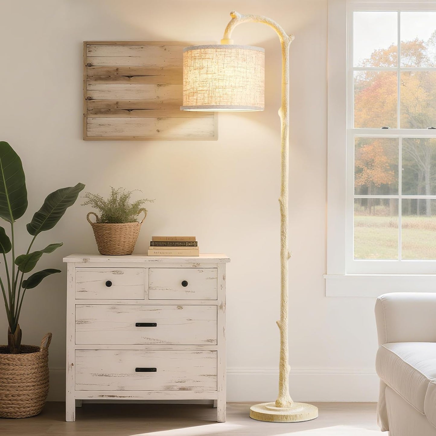 Floor Lamp for Living Room - 69" Rustic Farmhouse Tall Lamp with Adjustable Color Temperatures- Country Resin Vintage Reading Light Standing Lamps for Bedroom Office Home Decor, Almond White