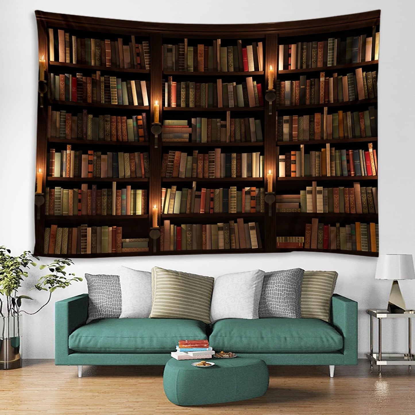 Old Bookshelf Candle Print Fabric Tapestry Decorative Wall Art Tablecloth Bedspread Picnic Blanket Beach Throw Blanket Multifunctional for Bedroom Hall Dormitory Living Room Hanging 79 x 59 inches