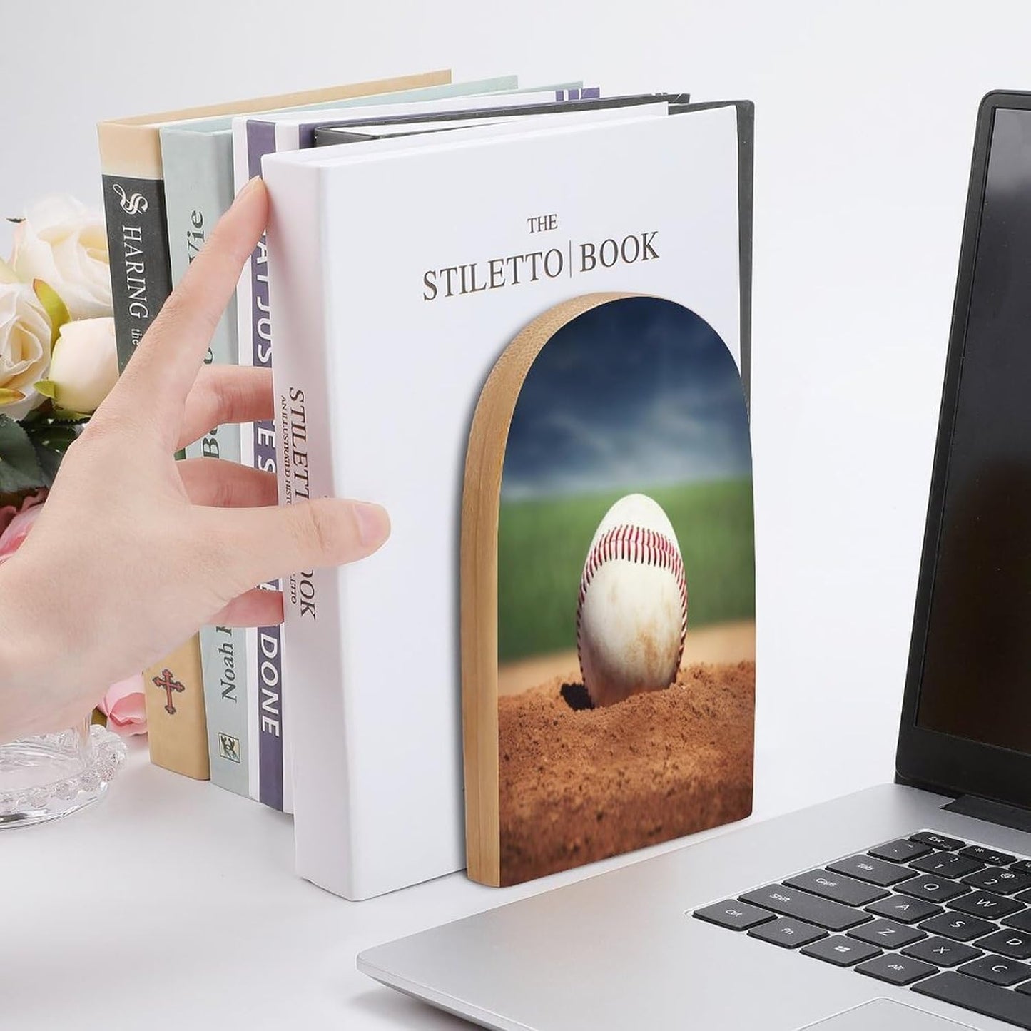 Baseball Bookend for Shelves Wooden Book End Large Size Sturdy Book Holders Stoppers with Metal Base for Bookshelves Slick Decorative Bookends Stands