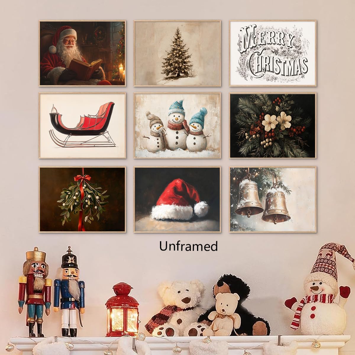 9pcs Christmas Canvas Wall Art, Vintage Santa Claus Reading Book Poster, Rustic Xmas Tree Painting, Warm Snowman Family Picture, Sleigh & Santa Hat Print, Flowers Christmas Prints 8x12in Unframed