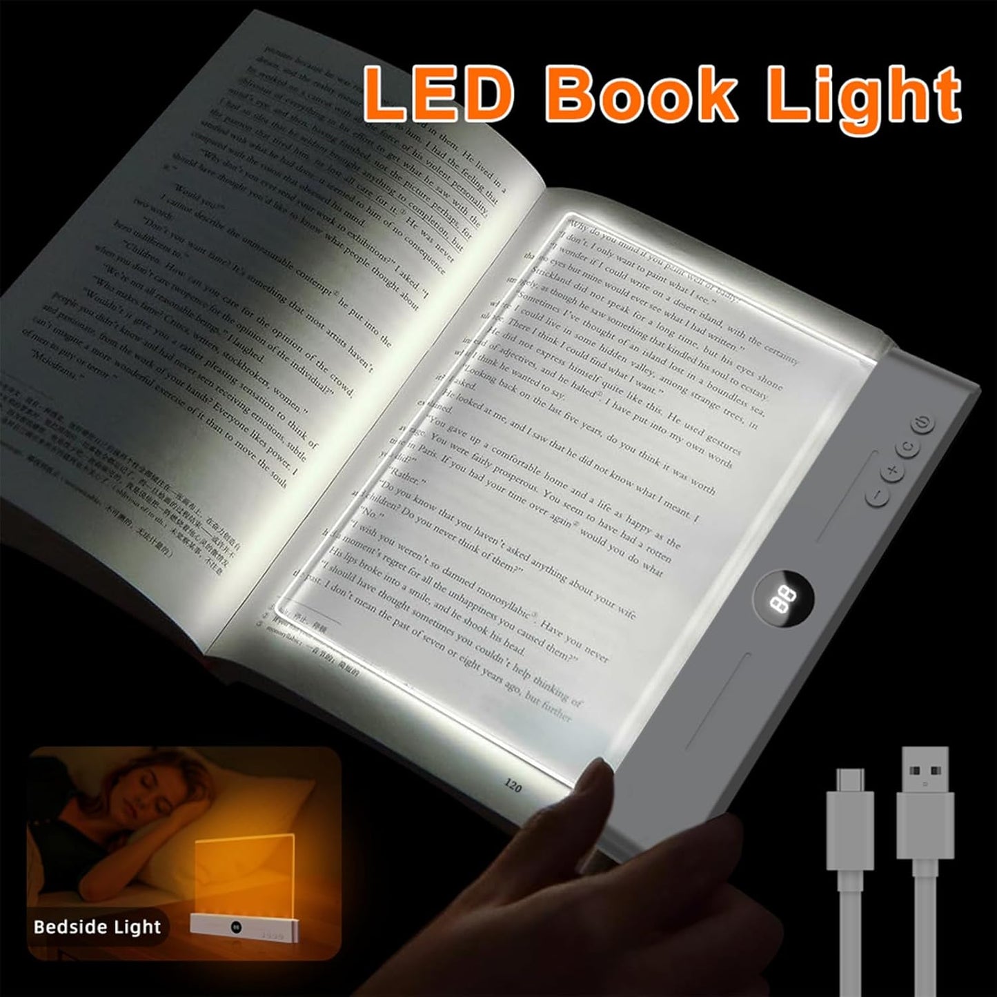 Smart Flat Book Light, Rechargeable Clear LED Reading Light with 3 Colors & Timer, Flat Reading Lamps for Book, Dimmable Full Page Panel Plate Lamp, Kids Eye Protection for Night Reading in Bed