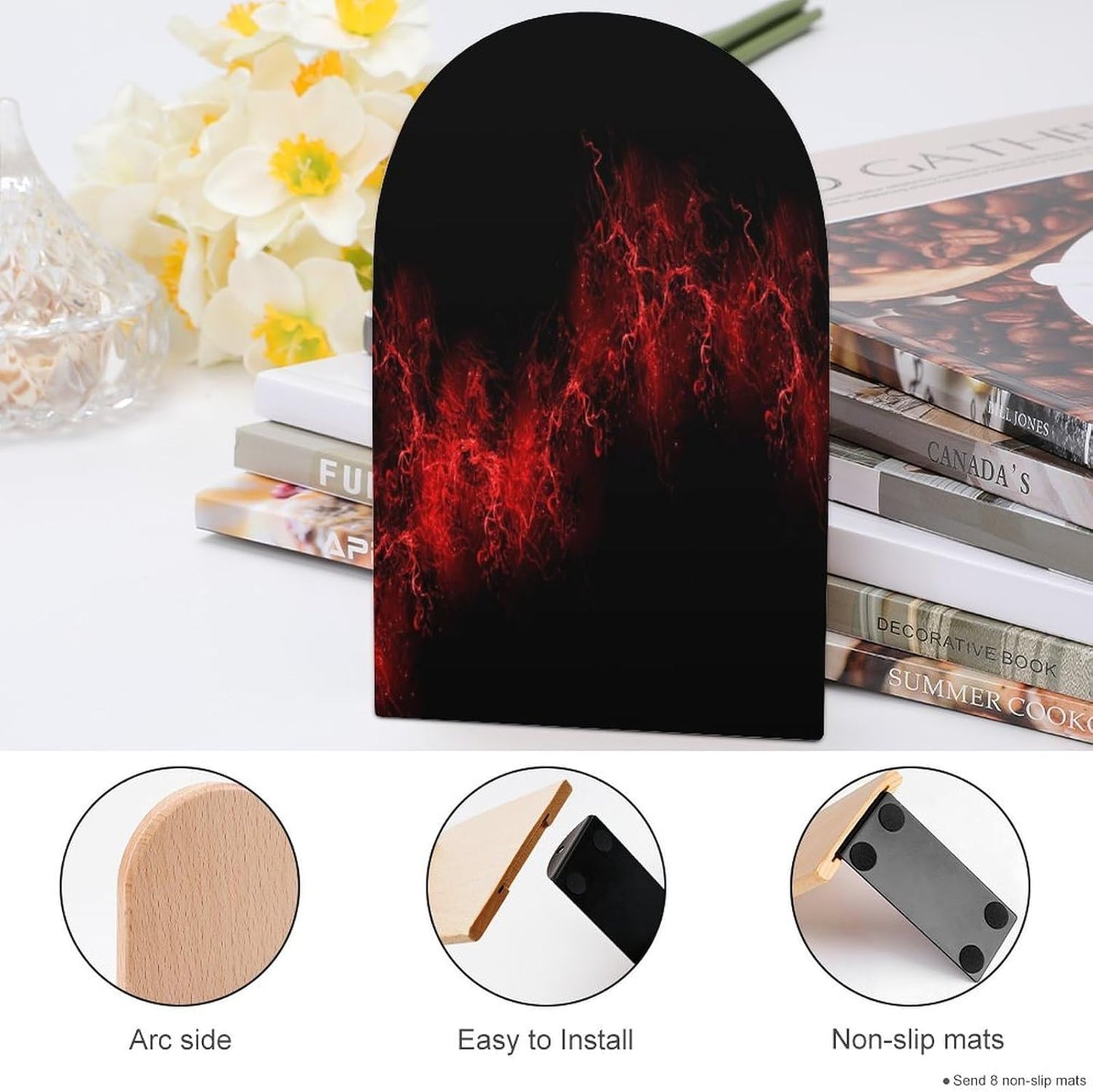 Explosion Burst Red Black Wooden Bookend Non-Slip Book Ends Heavy Duty Book Stopper with Metal Base Books Holderd Decorative Bookends Stands Firmly for Office Supplies