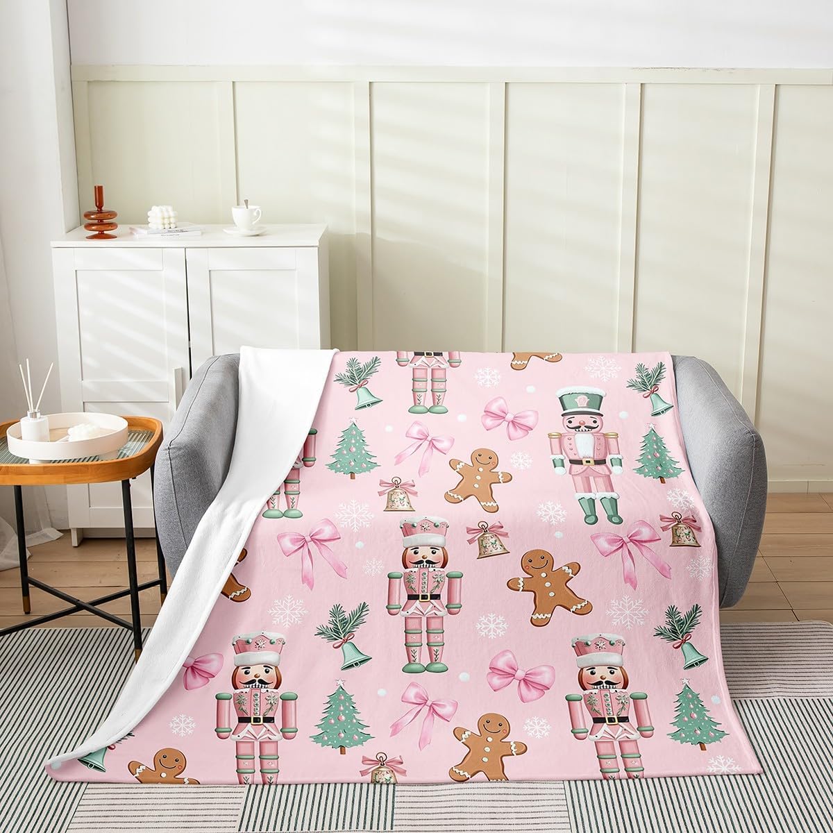 Pink Nutcracker Flannel Blanket,Kawaii Bowknot Cute Gingerbread Bed Blanket for Girls Women,Christmas Tree Snowflake Fleece Blanket,Princess Dreamy Fuzzy Blanket,Throw Size (50 x 60 Inches)