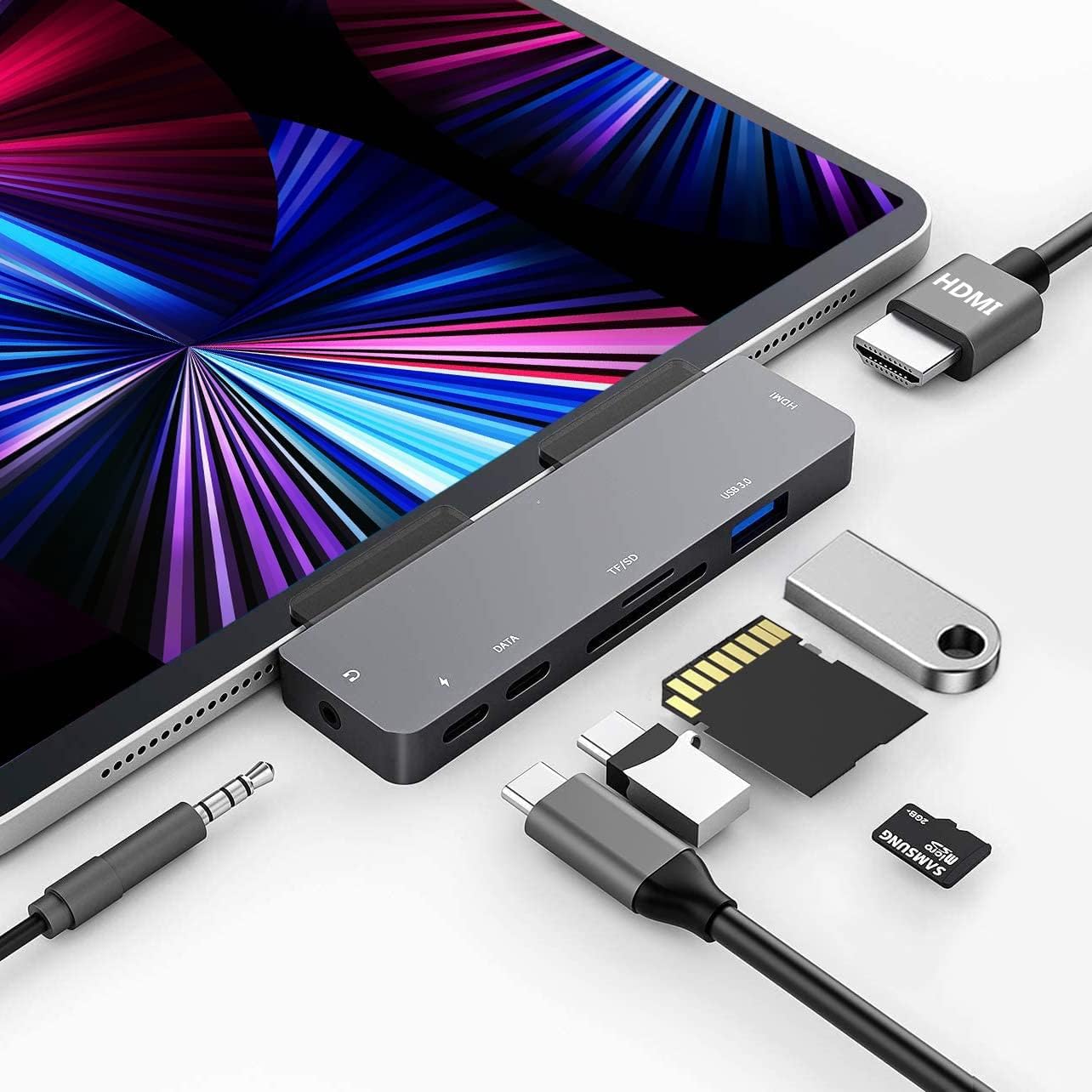 iPad Pro USB C Hub Adapter for iPad Pro 2024 M4 M2 M1,7-in-1 Hub with 4K@60Hz HDMI,3.5mm Jack,USB3.0,PD 60W,SD/TF Card Slot,iPad Air 4/5,iPad mini 6,iPad pro 13 12.9 Accessories