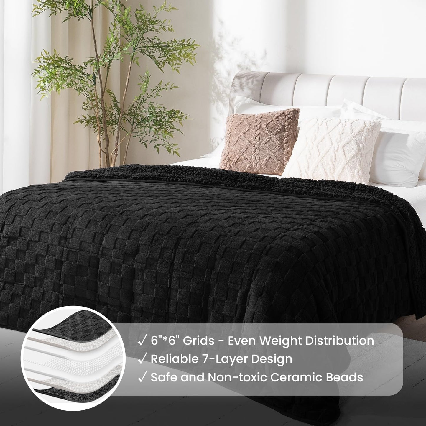 15lbs Weighted Blanket Twin Size, Classy Soft Jacquard 3D Checkered Sherpa Weighted Blankets for Adults, Cozy Fluffy Bed Blanket for Sleeping, 48 x 72 inches, Ceramic Beads, Black