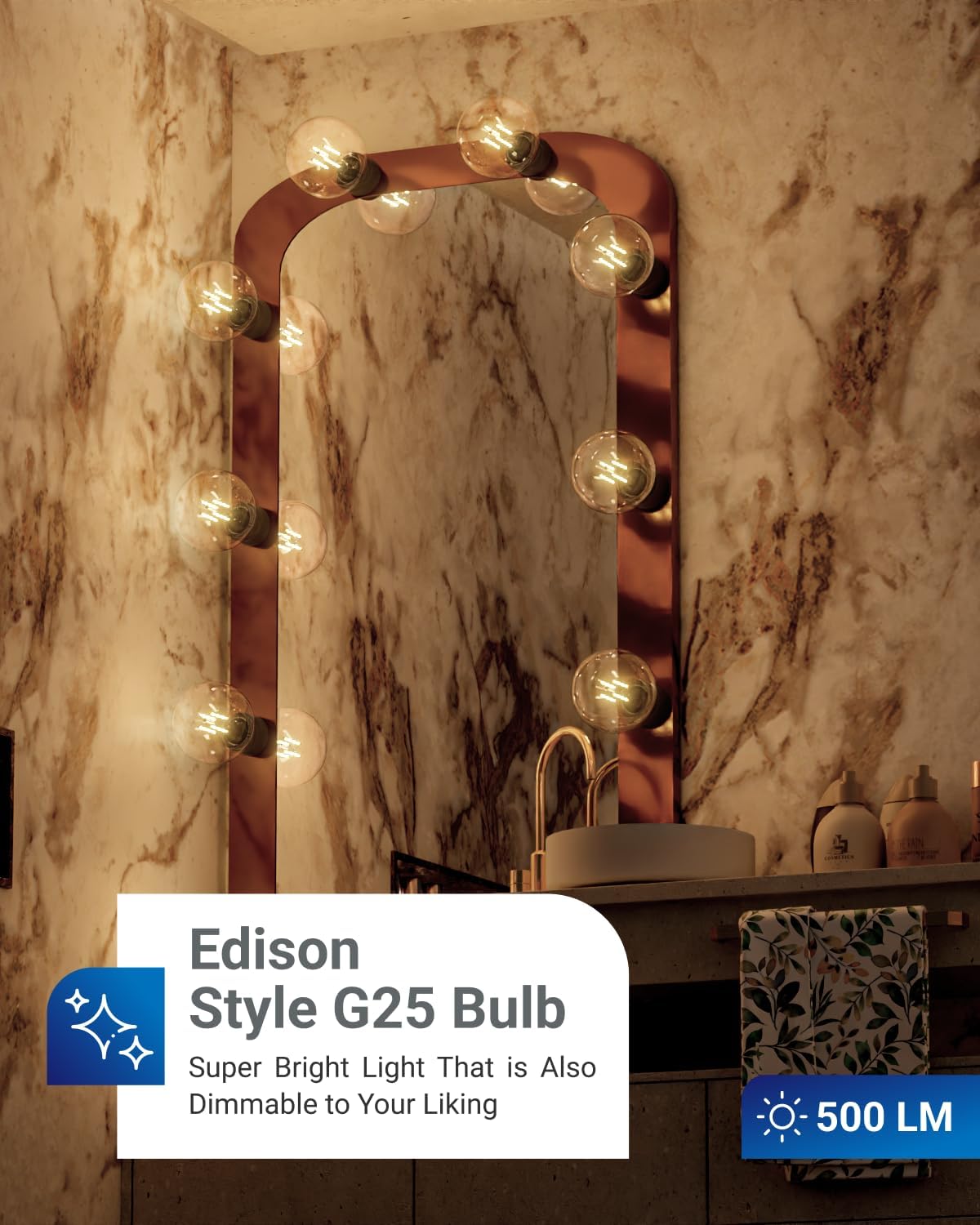 Sunco 10 Pack G25 LED Light Bulbs, Filament Edison Globe, Vanity Lighting Bulb for Bathroom Bedroom, 500 LM, 5W (60W Equivalent), 3000K Warm White, Dimmable, E26 Base, Clear UL