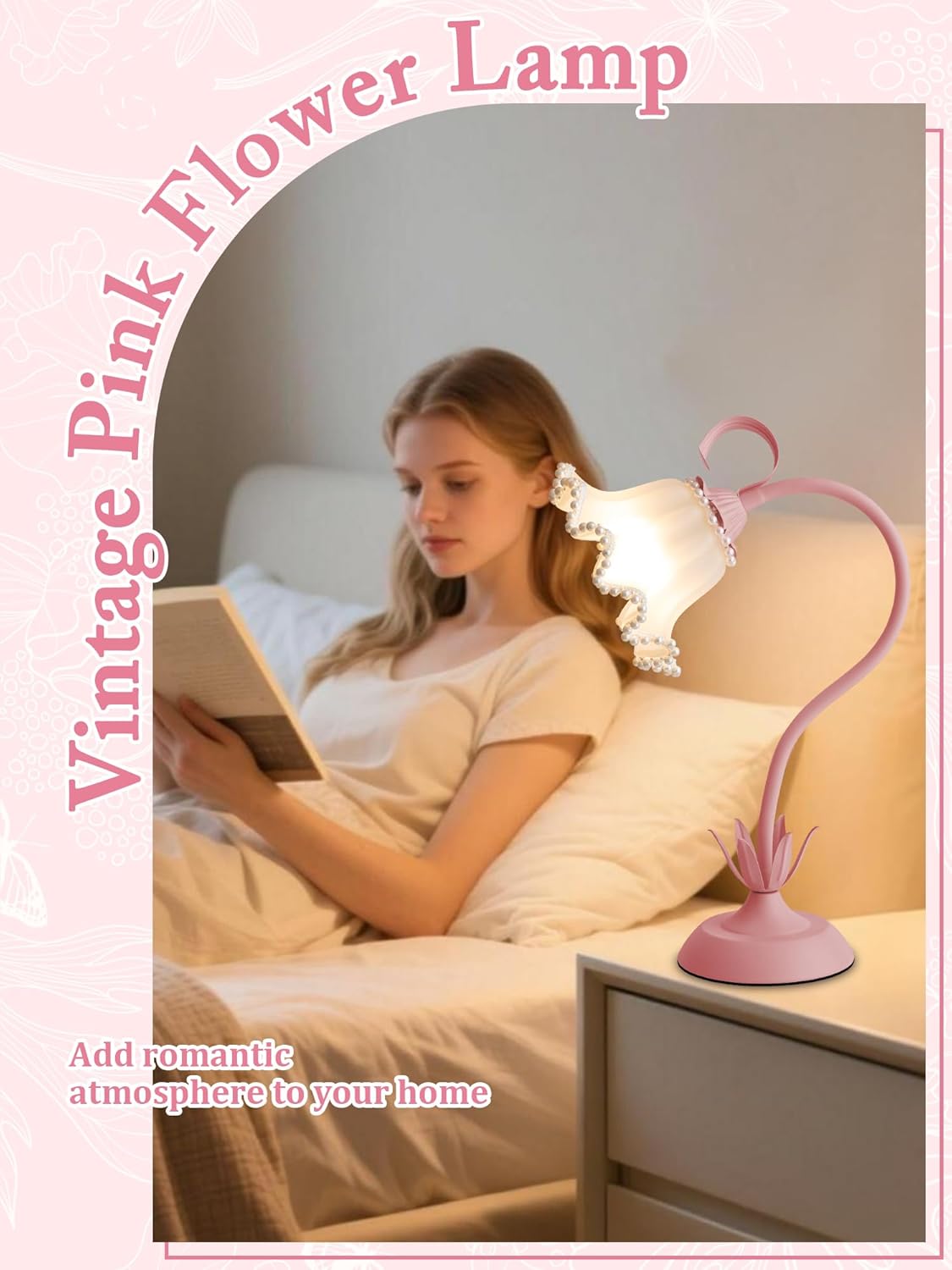 Flower Table Lamp,LED Reading Light Bedside Vintage Flower Night Light,3 Colors Modes Kawaii Bedside Lamps Decor,Living Room Bedroom Room Lighting Table Lamps Home Decoration (Pink Pearls)