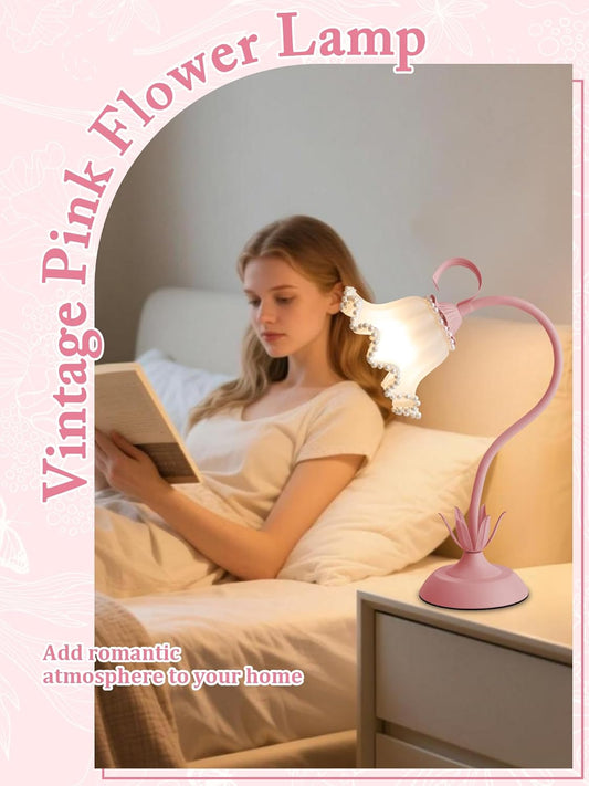 Flower Table Lamp,LED Reading Light Bedside Vintage Flower Night Light,3 Colors Modes Kawaii Bedside Lamps Decor,Living Room Bedroom Room Lighting Table Lamps Home Decoration (Pink Pearls)