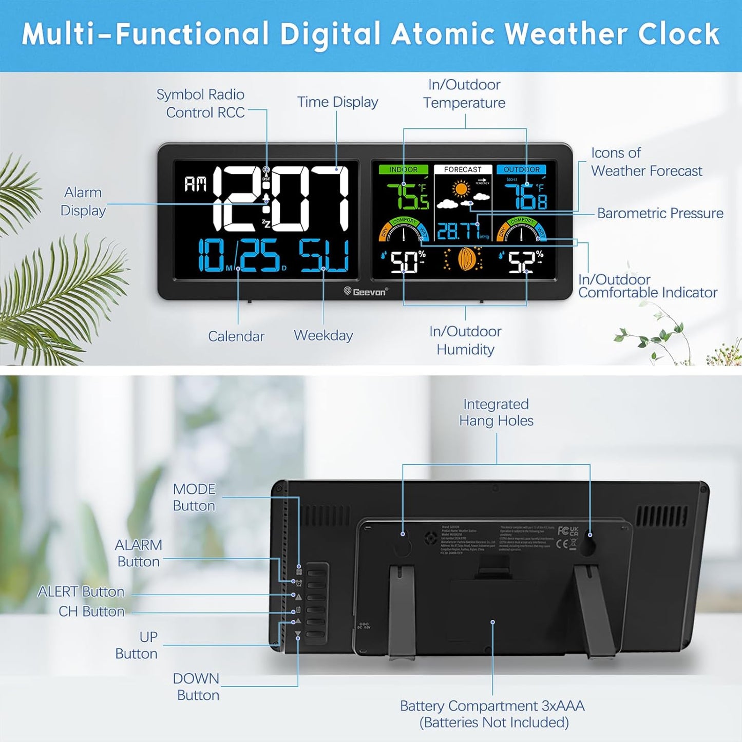 Geevon Weather Stations Wireless Indoor Outdoor Thermometer with Atomic Clock, HD Color Display Digital Temperature Humidity Gauge with Brometer, Comfort Indicator, and Adjustable Backlight (Black)