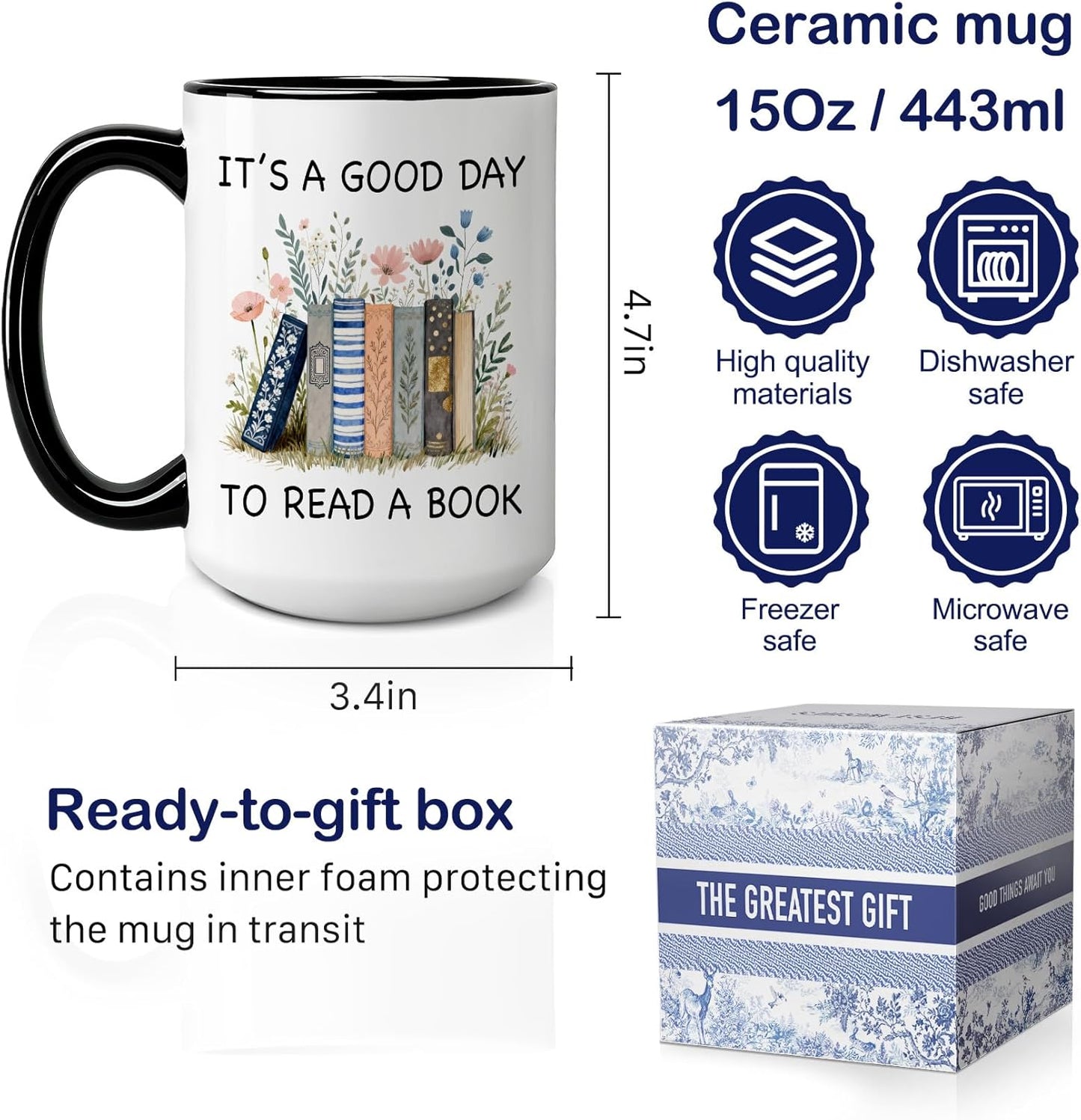 It's A Good Day to Read A Book Mug, mug Gifts for book Lover Women, Bookish mugs with Stacked Novel Design, reading Mugs gift for BookWorm Librarian Reader on Birthday, Reading Themed Coffee mug