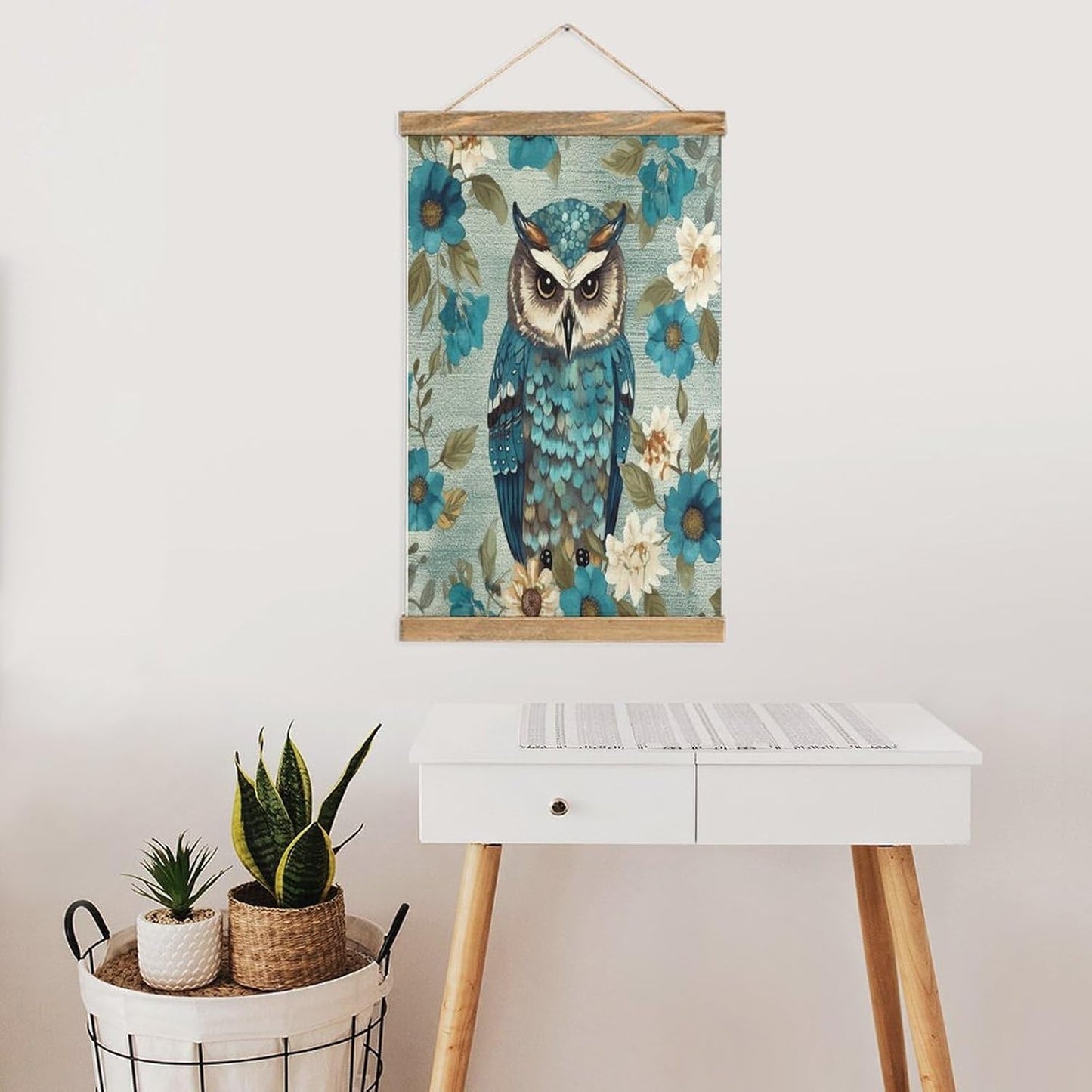 Vintage Owl Spring Flowers Turquoise Poster with Wooden Frame Personalized Linen Hanging Scroll Painting Rustic Wall Hanging Illustrative Modern Artwork Decor for Home Living Room Bedroom Office