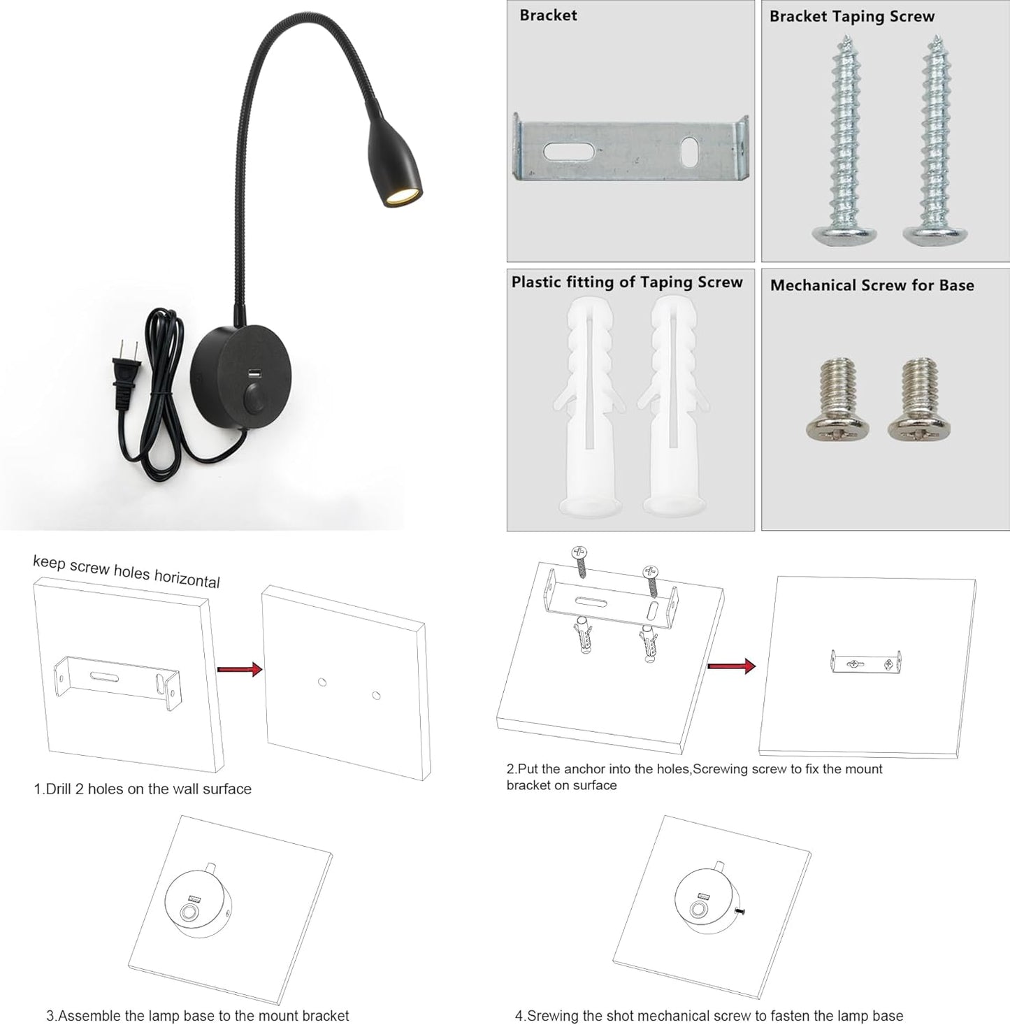 LED Wall Reading Light with USB Charging Port, Dimmable Gooseneck Bedside Lamp, Flexible Arm, 3W (Black, 120V Plug in, Warm White)