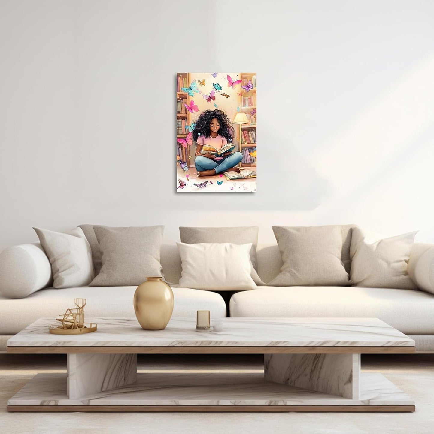 XLMDYYSW African American Wall Art Colourful Black Girl Reading Book Pictures Black Woman Canvas Prints Watercolor Butterfly Painting for Bedroom Decor Framed (Pink, 18L x 12W)