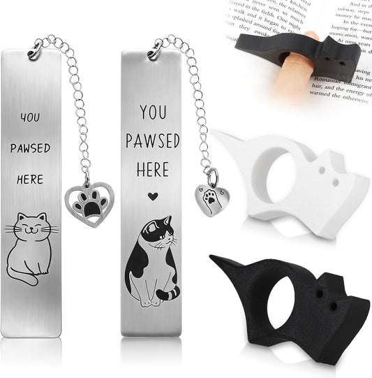 4 Pcs Cat Book Page Holder Set, 2 Pcs Thumb Book Page Holder, 2 Pcs Zinc Alloy Cat Book Marker with Pendent, Book Accessories for Reading Lovers, Literary Gifts for Readers