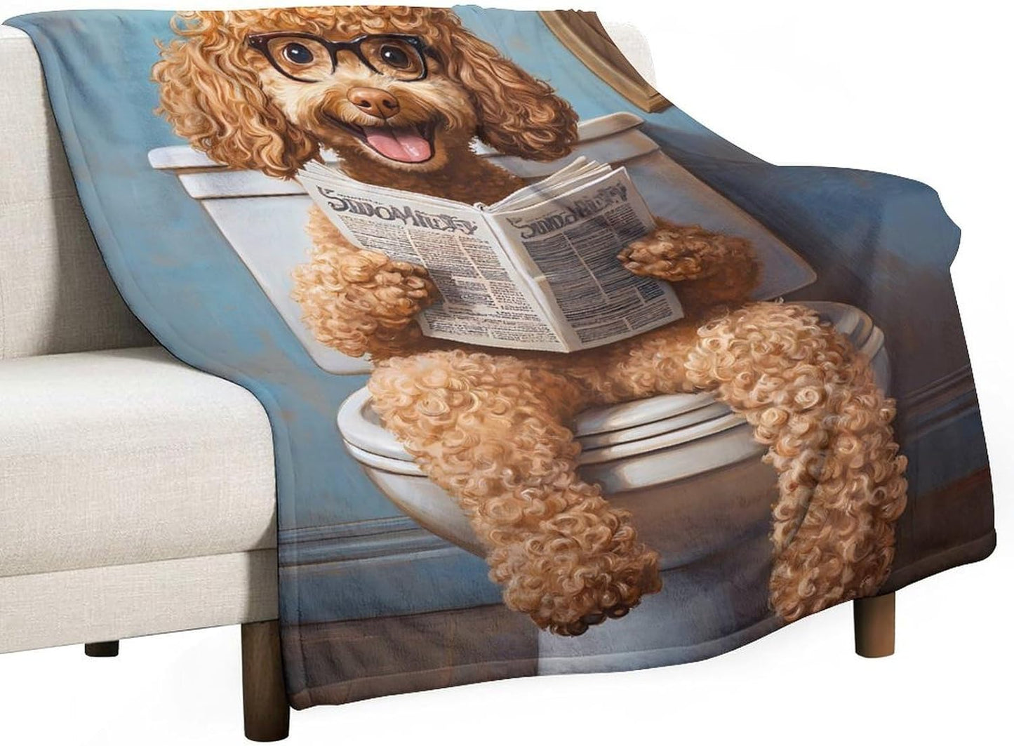 Goldendoodle on Toilet Reading Newspaper Funny Throw Blanket Flannel Cozy Plush Blankets for Couch Sofa Bedroom Travel